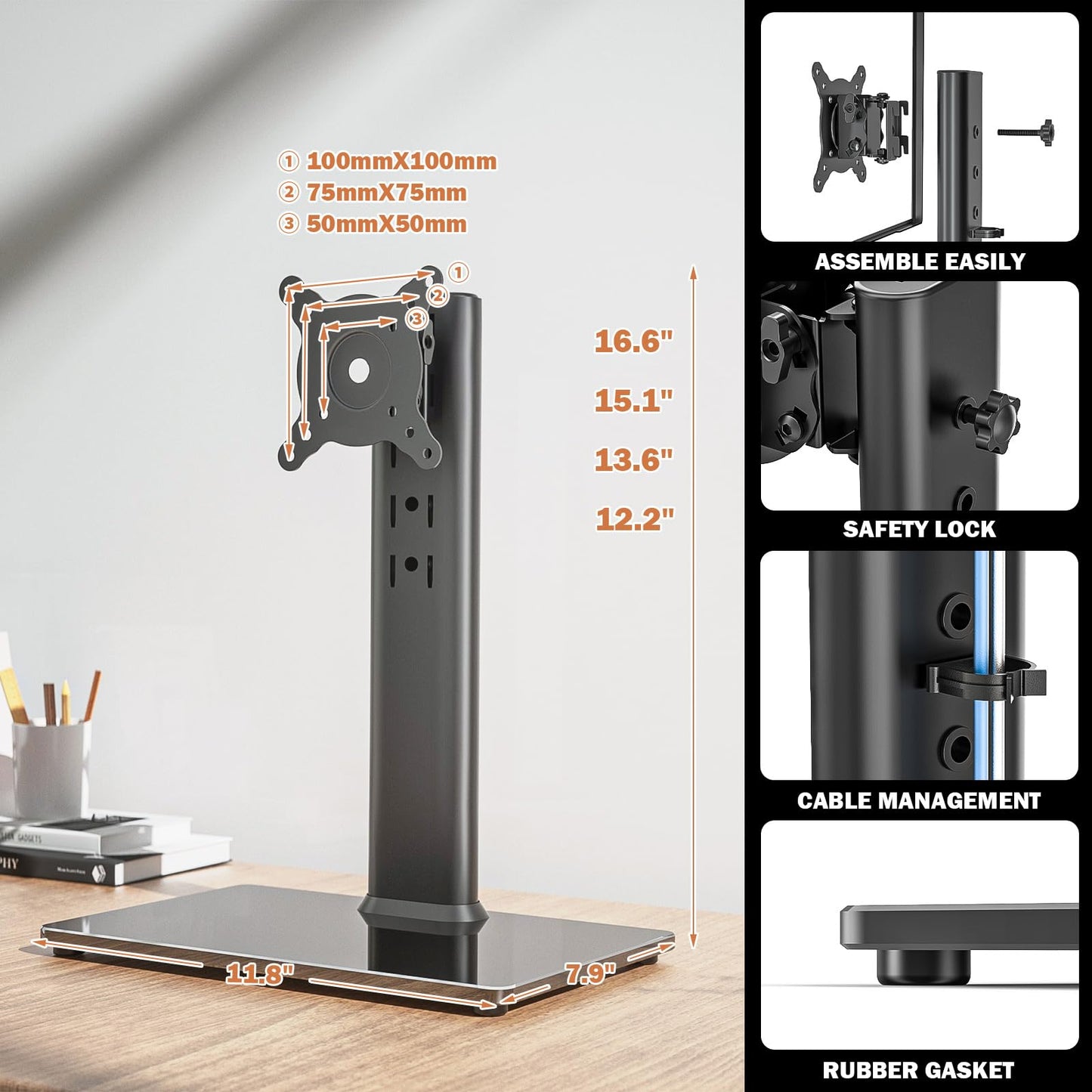 Single LCD Computer Monitor Free-Standing Desk Stand Riser for 13 inch to 32 inch Screen with Swivel, Height Adjustable, Rotation, Holds One (1) Screen up to 35kgs 1 PACK