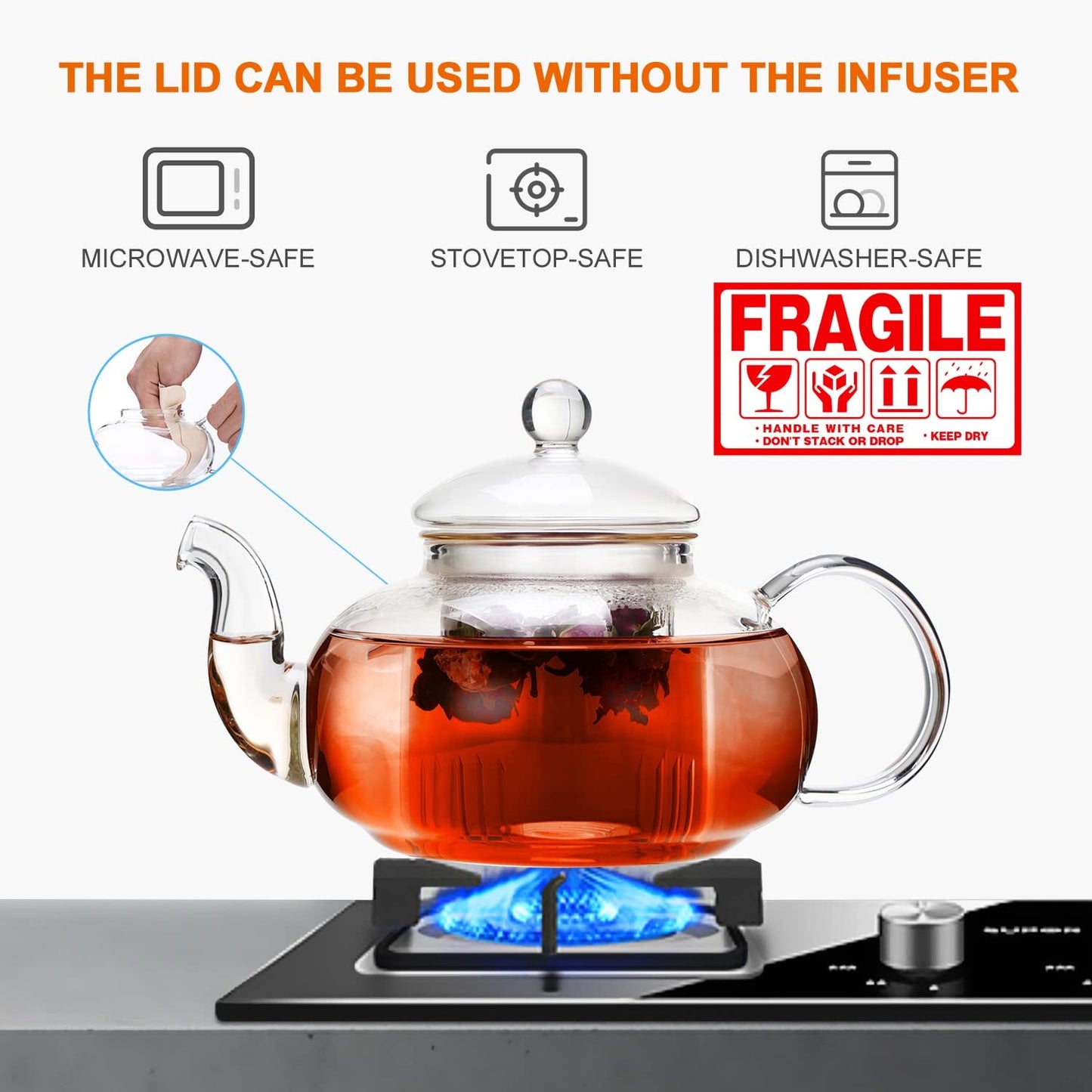 CnGlass Glass Teapot Stovetop Safe,Clear Teapot with Removable Infuser 600ML/20.3OZ,Borosilicate Glass Teapot with Strainer for Loose Tea and Blooming Tea Maker