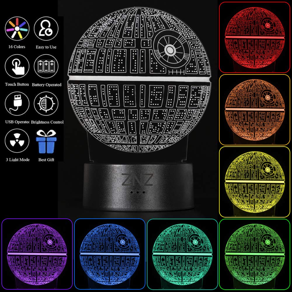 3D Star Wars Lamp, ZNZ LED Optical Illusion Night Light, 16 Colors Changing Remote Touch Mood Lamp - Perfect Christmas and Birthday Gifts for Kids Men Women and Star Wars Fans 0-star Wars