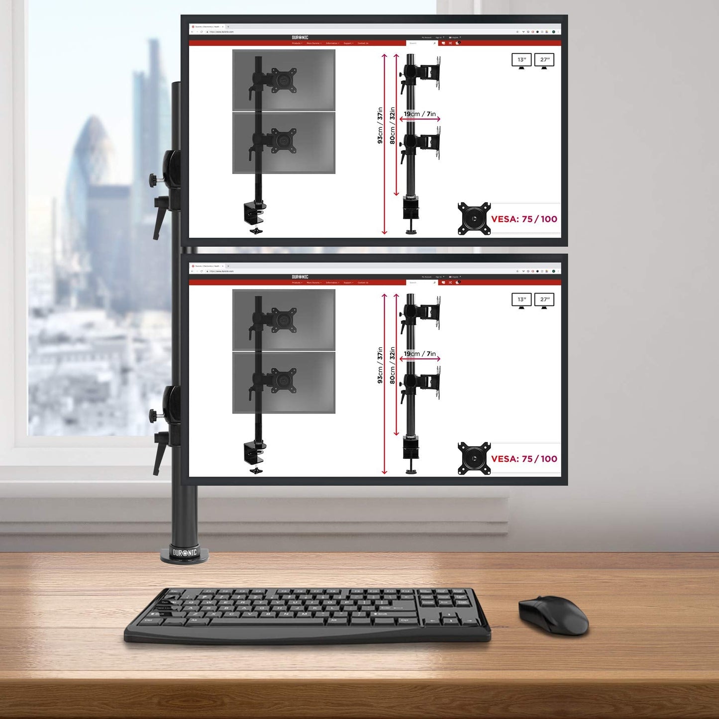 Duronic Dual Screen Monitor Stand DM35V2X2 | Double/Twin PC Desk Mount | Aluminium | For Two 13-27 Inch LED LCD Screens | VESA 75/100 | 8kg Per Screen | Tilt -15°/+15°,Swivel 180°,Rotate 360° DM35V2 Dual Vertical