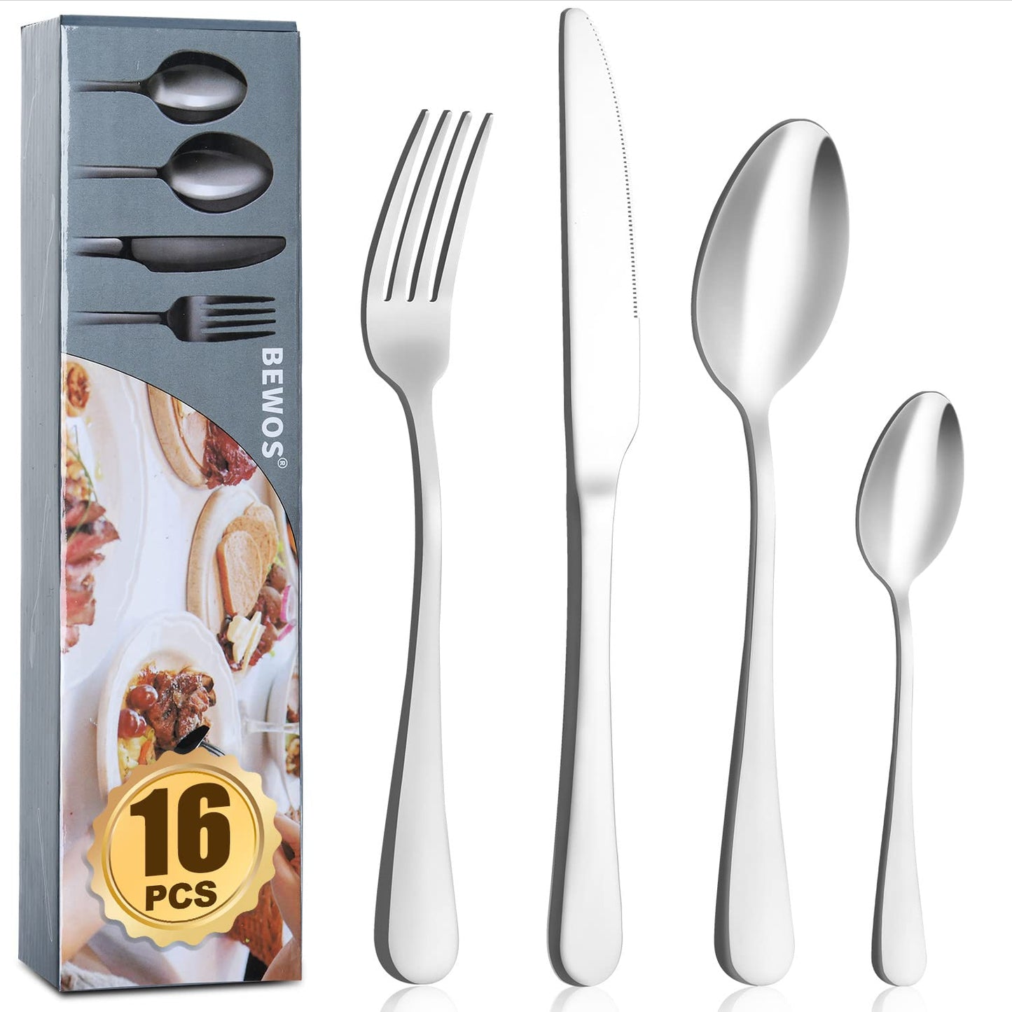 Cutlery Set, BEWOS 16 Piece Stainless Steel Matt Silver Flatware Set, Tableware Silverware Set with Spoon Knife and Fork Set, Service for 4, Dishwasher Safe/Easy Clean 16p Matte Silver 16 Pieces