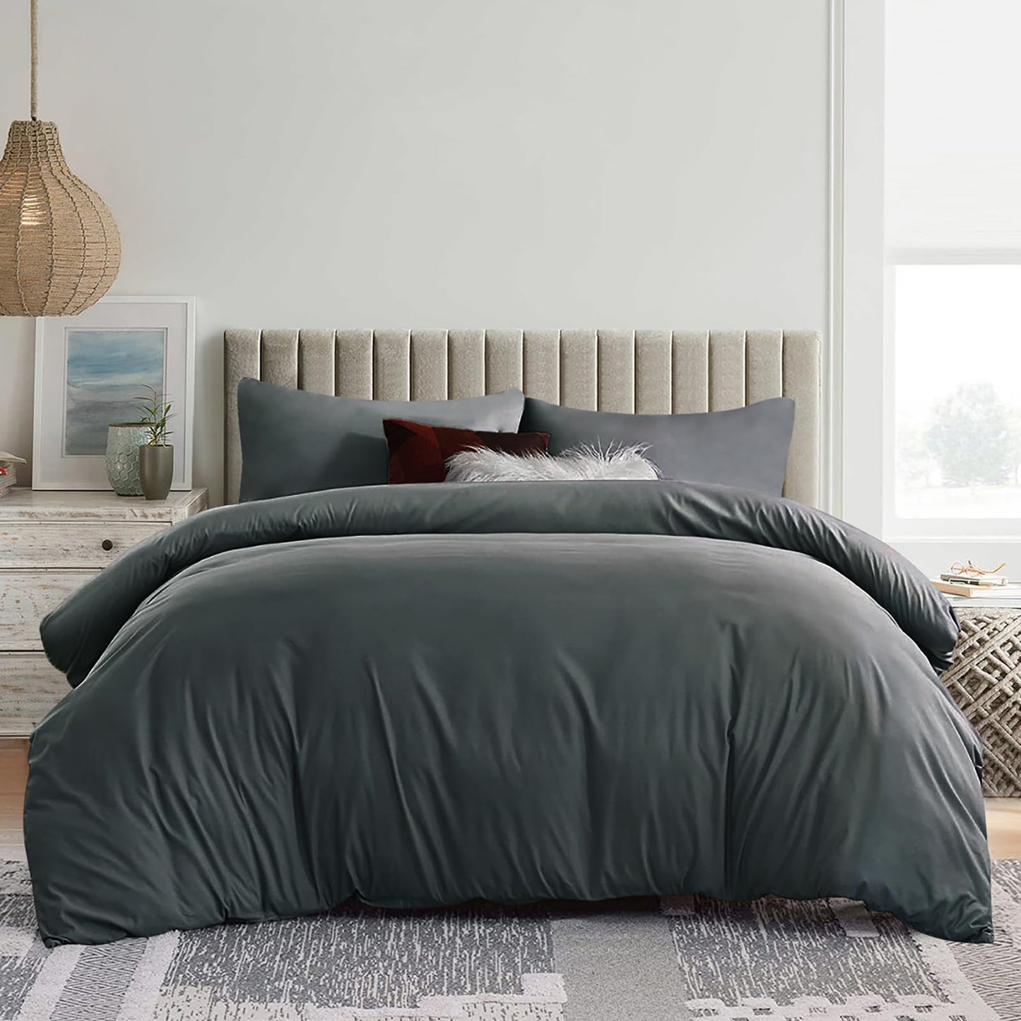 Aisbo Double Duvet Set with Sheet - Dark Grey 4 Pieces Microfiber Bedding Set for Double Bed, Includes Duvet Cover, Fitted Sheet and Pillowcases