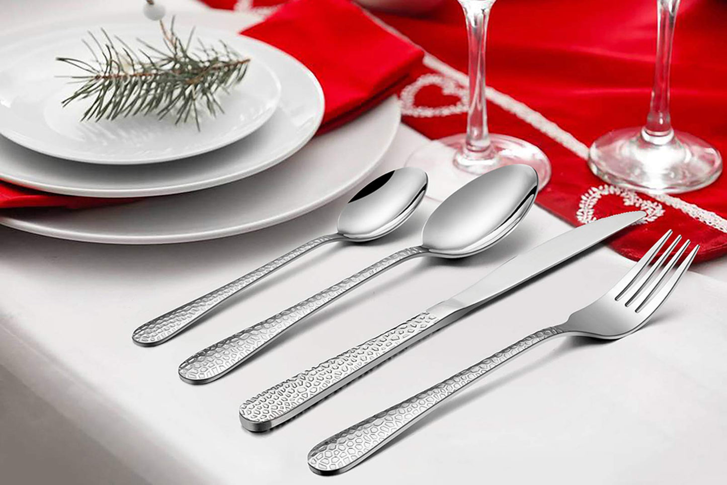 Cutlery Set, 24 Piece Hammered Flatware Cutlery Sets, Stainless Steel Silverware Set for Home/Office/Party, Knife Fork Spoon Eating Utensils Set Service for 6, Mirror Polish & Dishwasher Safe