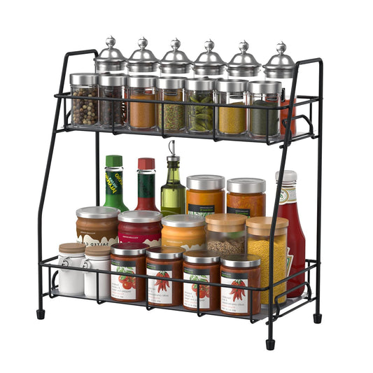 BOKIOVIN 2 Tier Spice Racks Organiser Free Standing for Kitchen Counter, Metal Bathroom Organizer Storage Rack for Countertop(Black) Black