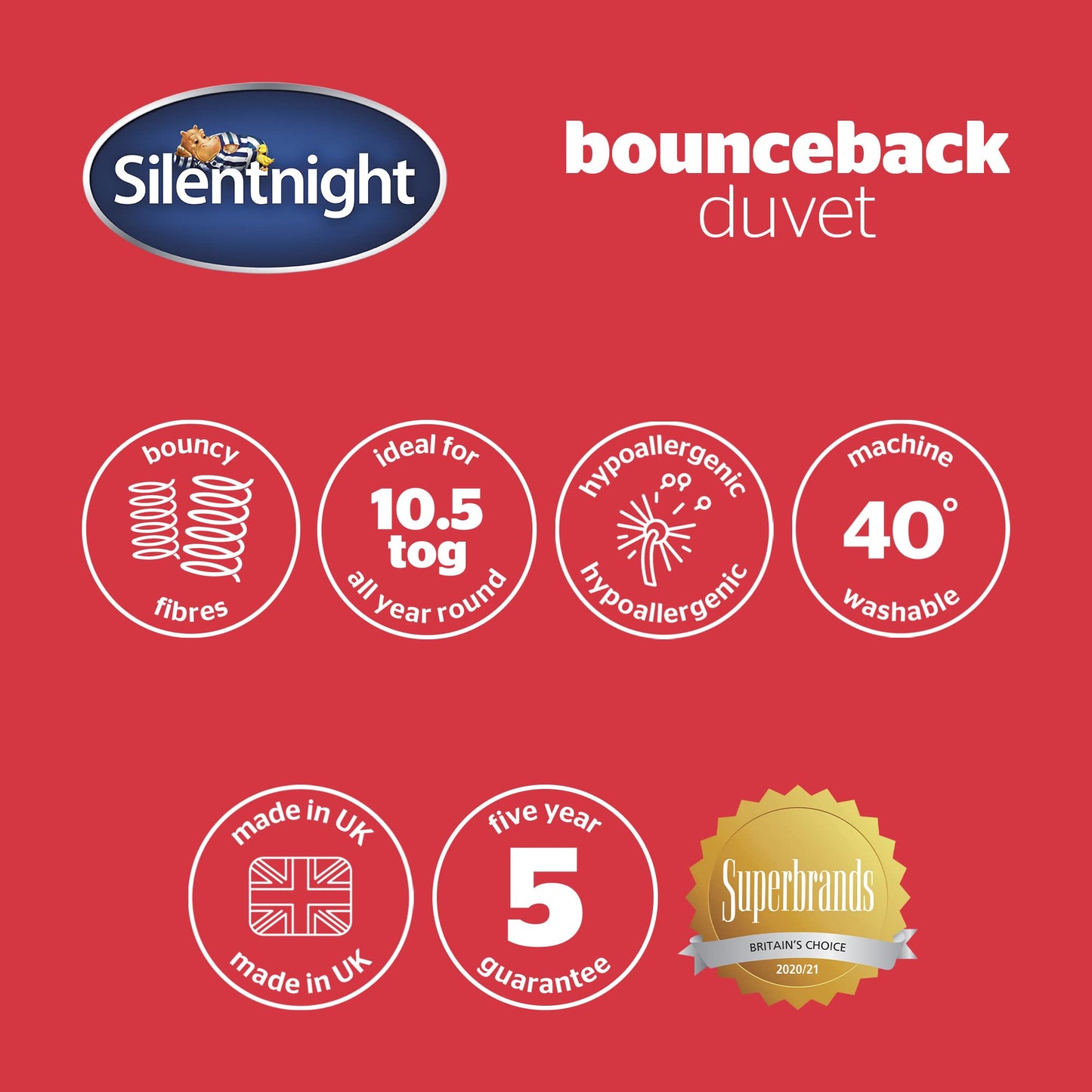 Silentnight Bounceback Duvet 10.5 Tog - All Season Winter Quilt Machine Washable and Hypoallergenic - White, Single