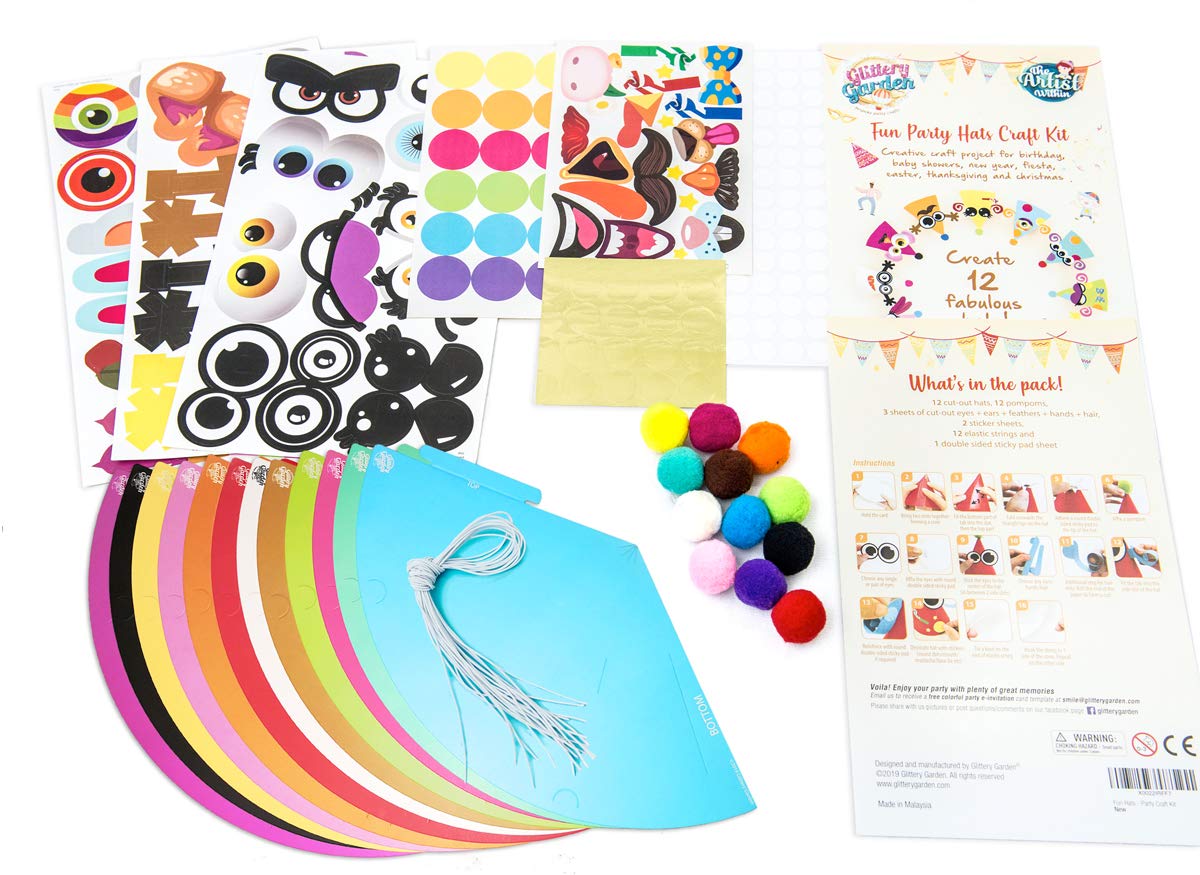 Party Hats Birthday Activity Kit with Stickers, Fun Arts & Crafts for Kids. Animal & Monster Theme Party Favor, Game Supplies 12 hats