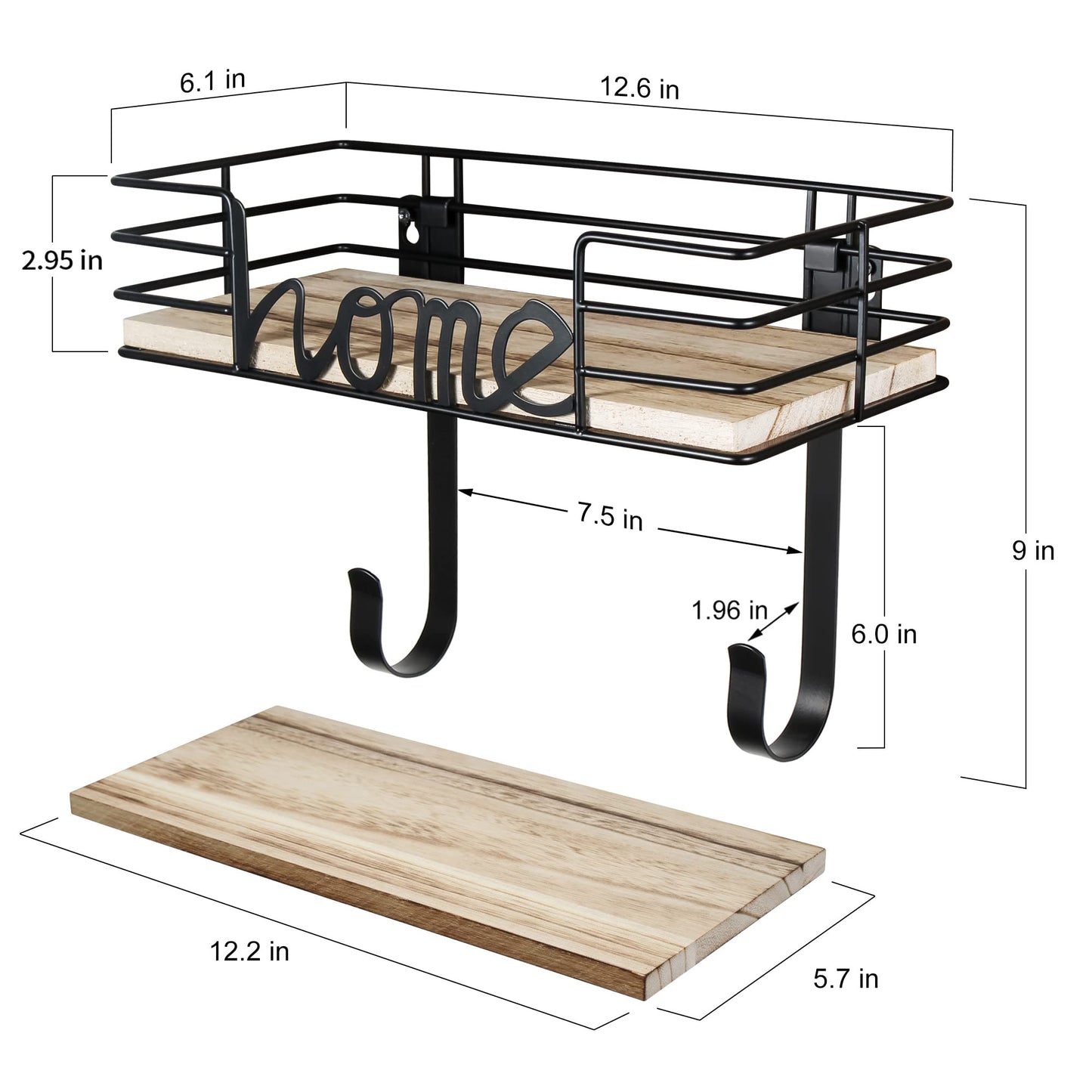 TJ.MOREE Ironing Board Hanger Wall Mount - Laundry Room Iron and Ironing Board Holder with Large Storage Wooden Base Basket and Removable Hooks (Black) Carbonized Black