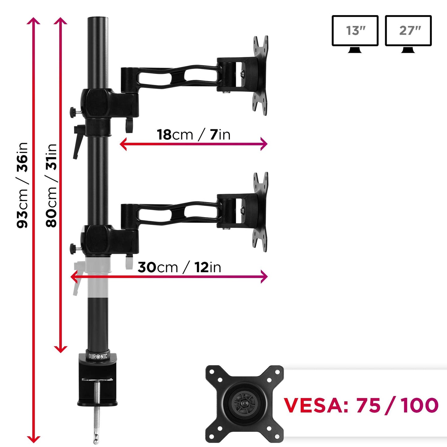 Duronic Dual Screen Monitor Stand DM35V2X2 | Double/Twin PC Desk Mount | Aluminium | For Two 13-27 Inch LED LCD Screens | VESA 75/100 | 8kg Per Screen | Tilt -15°/+15°,Swivel 180°,Rotate 360° DM35V2 Dual Vertical