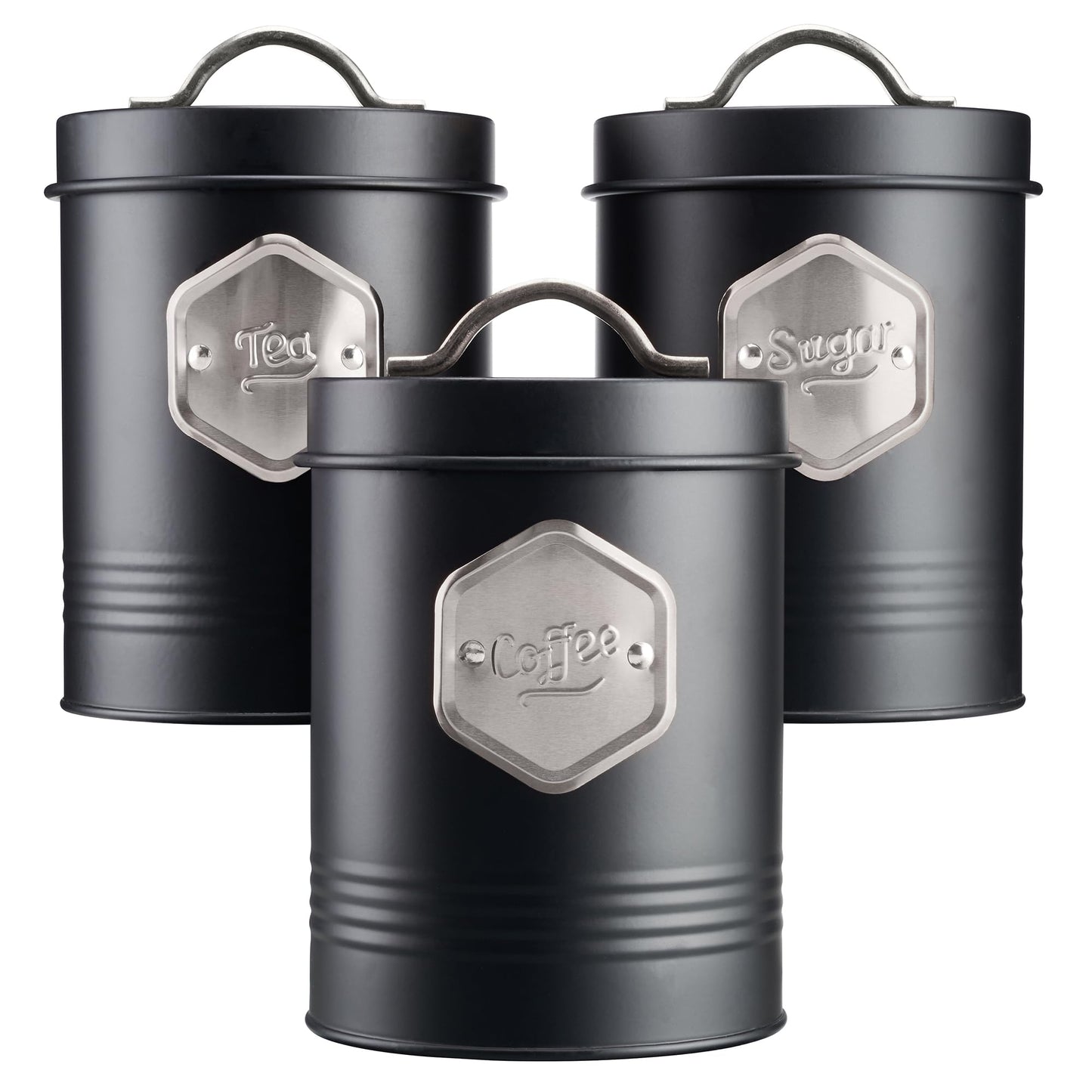 Cooks Professional 3 Piece Storage Canister Set | Labelled Containers for Tea Coffee Sugar | Canisters Sets for Kitchen Accessories & Essentials | Black & Silver 3 Piece - Black/Silver