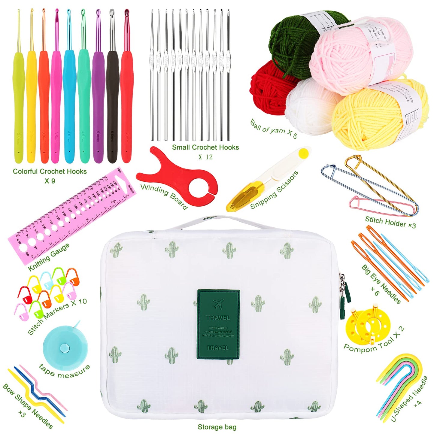 Coopay Crochet Starter Kit for Beginners Adults, Includes Ergonomic Metal Crochet Hooks 0.6mm to 6mm, Accessories and Cactus Case, Knitting Set with Wool and Needles Multicolor