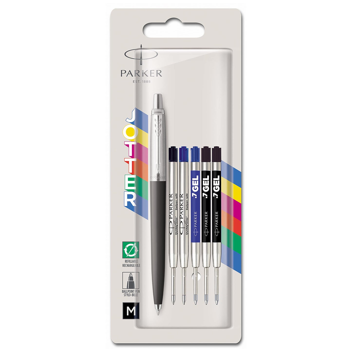 Parker Jotter Originals Ballpoint Pen | Classic Black Finish | Medium Point | 2 Ballpoint & 3 Gel Refills | Blue & Black Ink | 6 Count