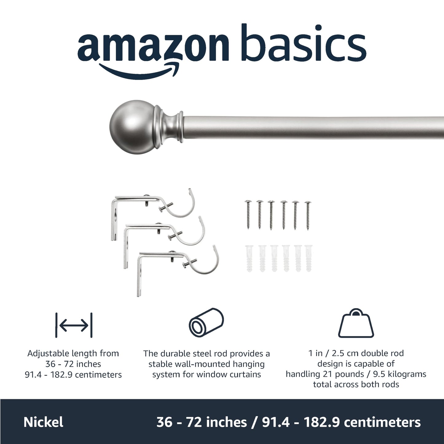 Amazon Basics Curtain Rod with Round Finials - Extendable 91 to 182cm for Bedroom, Dining Room, Living Room or Kitchen, Nickel 1-Inch Rod