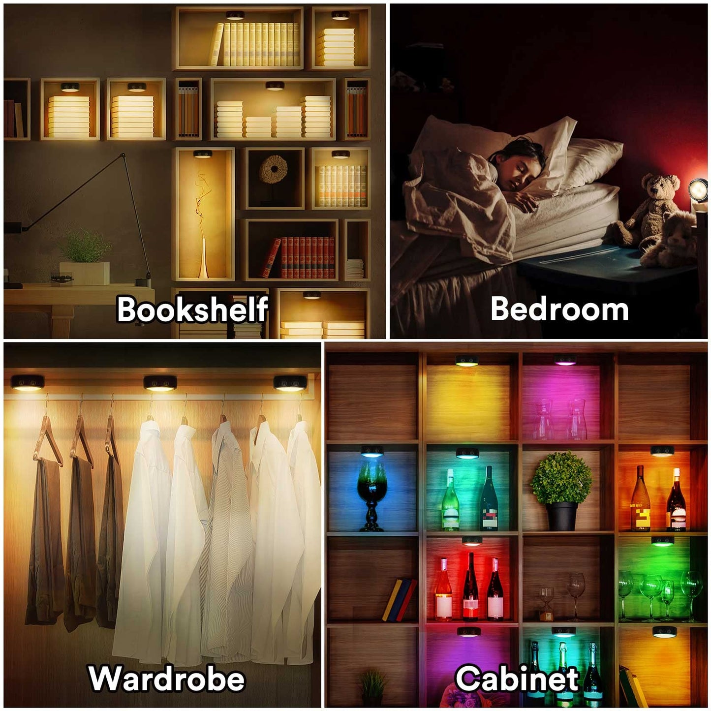 Onumii Under Cupboard Kitchen Lights Battery Operated LED Under Cabinet Lights, Stick on Wardrobe Lights Under Counter Lights Remote Control, RGB Puck Lights, 6 Pack - Black