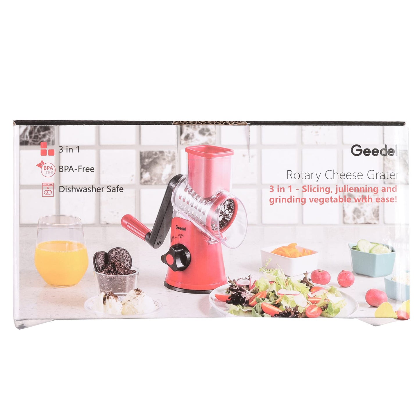 Rotary Cheese Grater, Vegetable Slicer with Three Drum Blades, Grater for Kitchen Faster and Easy Cutting, Rotary Drum Grater Ideal for Cheese, Cucumber, Carrot, Nuts, etc. Red