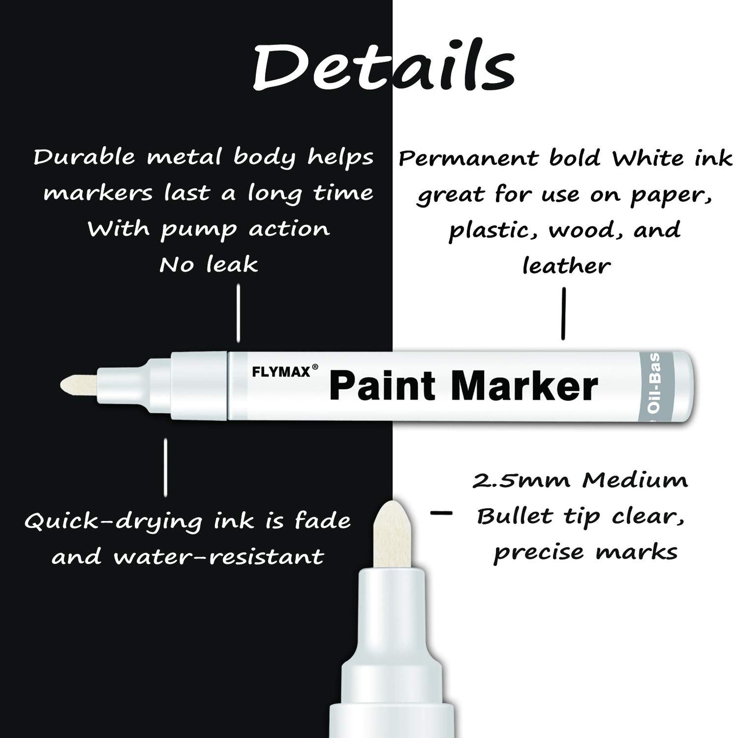 White Paint Pens, 6 Pack 2.5mm Medium Tip White Paint Marker Permanent for Wood Rock Plastic Leather Glass Stone Metal Canvas Ceramic Fabric Tire Paint Marker Oil Based