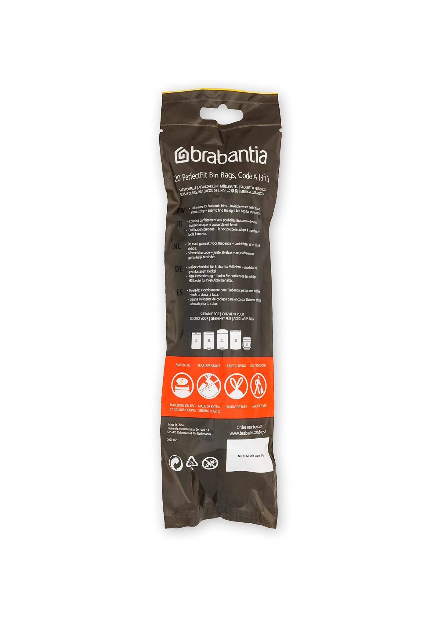 Brabantia PerfectFit Bin Liners Multipack (Size A/3 Litre) Thick Plastic Trash Bags with Tie Tape Drawstring Handles (200 Bags), White - Code a, (137648) 1 count (Pack of 1)