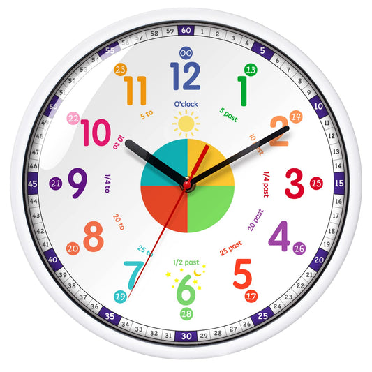 EMITDOOG Time Teacher Wall Clock Learn To Tell The Time Wall Clock Colorfull Non Ticking For Kids,Girls,Boys Classroom,Bedroom,Living Room,Nursery12inch Colorful 12 Inch