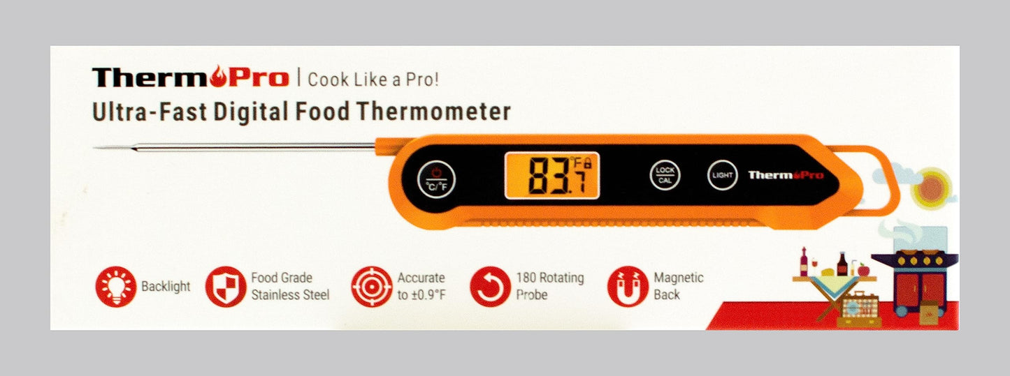 ThermoPro TP03H Meat Thermometers with Foldable Food Temperature Probe, IPX6 Waterproof Food Thermometer with Calibration Lock Function Backlight LCD Screen Cooking Thermometer for Oil Candy Milk Jam Matte Orange