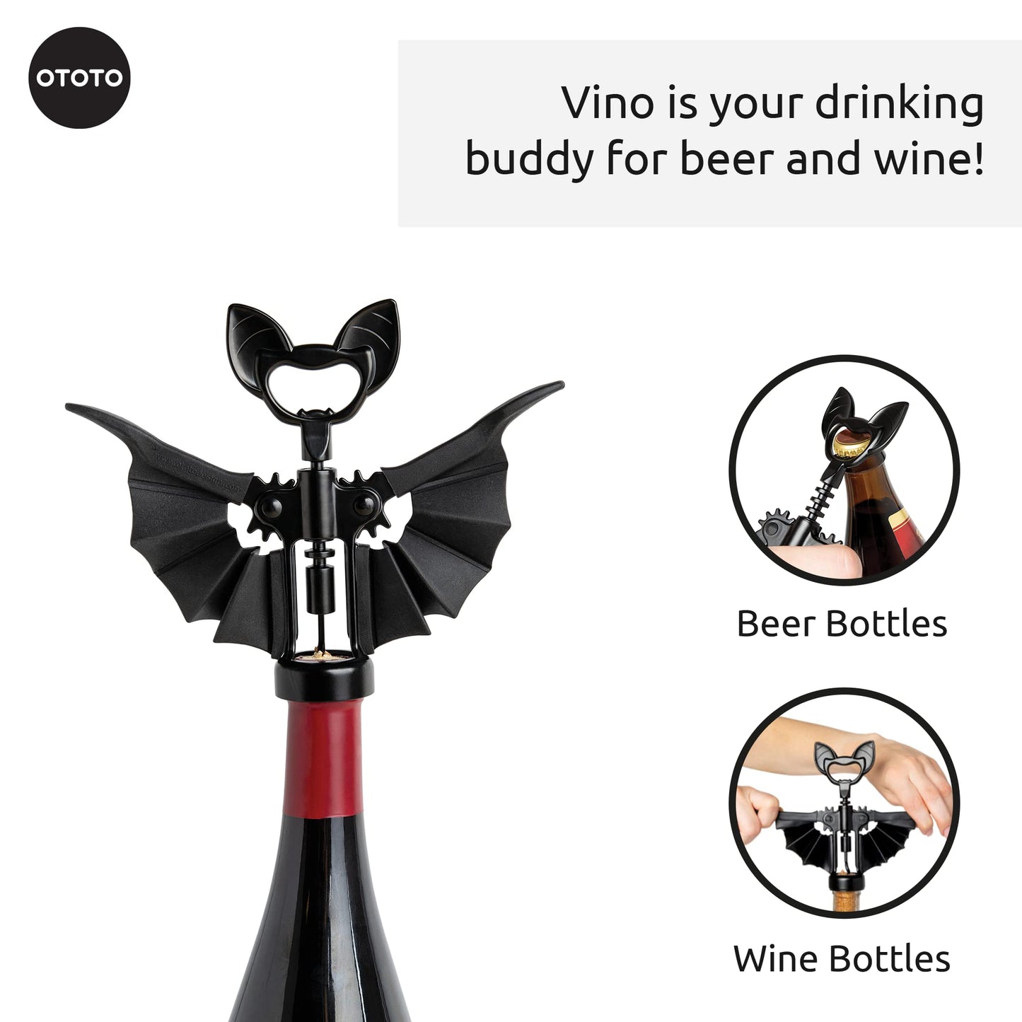 OTOTO Vino Spooky Bat Wine Opener - 2-in-1 Wine & Beer Opener, Corkscrew & Bottle Opener - Goth Accessories & Kitchen Gifts - Perfect Kitchen Accessories & Cool Gadgets