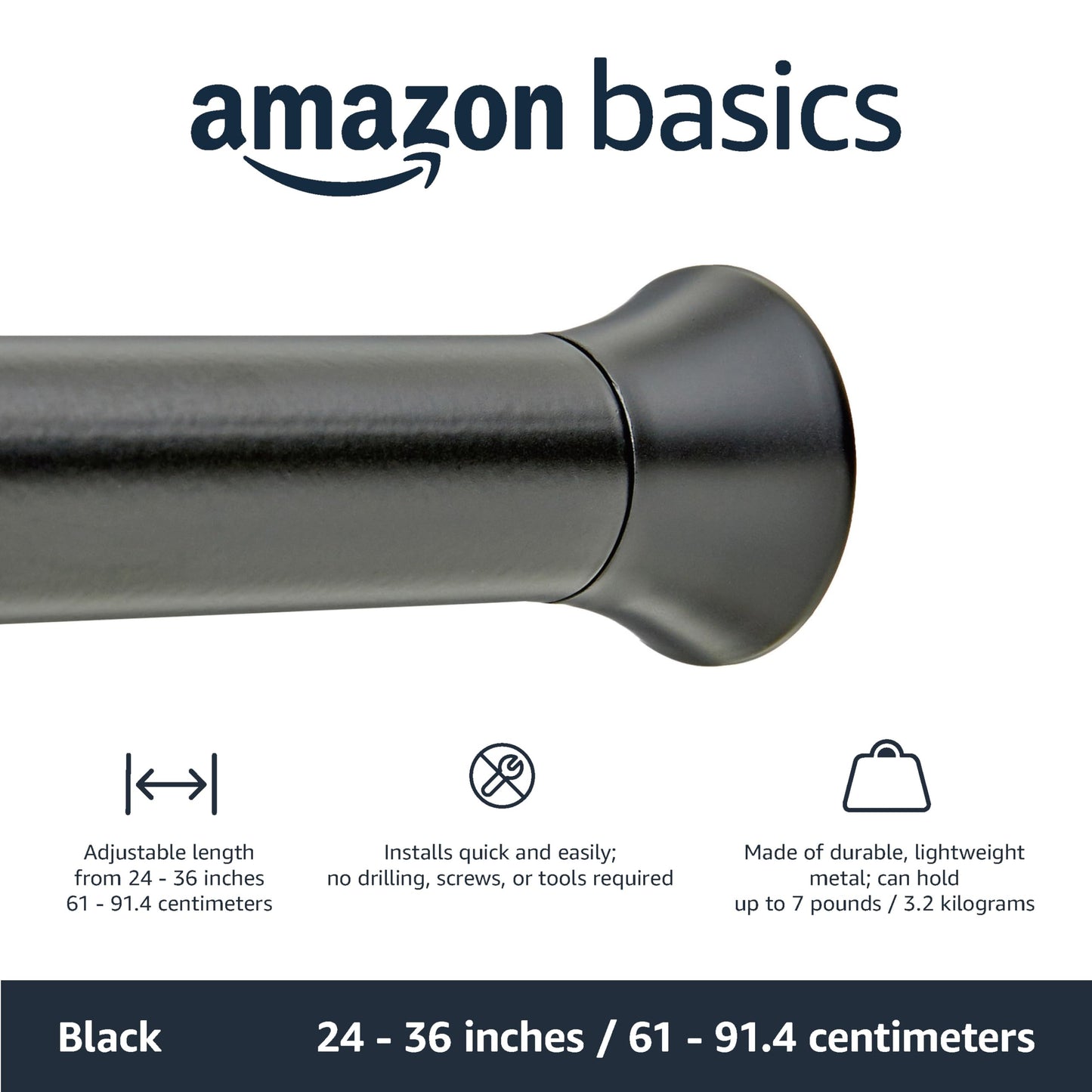 Amazon Basics Shower Curtain Tension Rod - 61 to 91.4 cm, Black