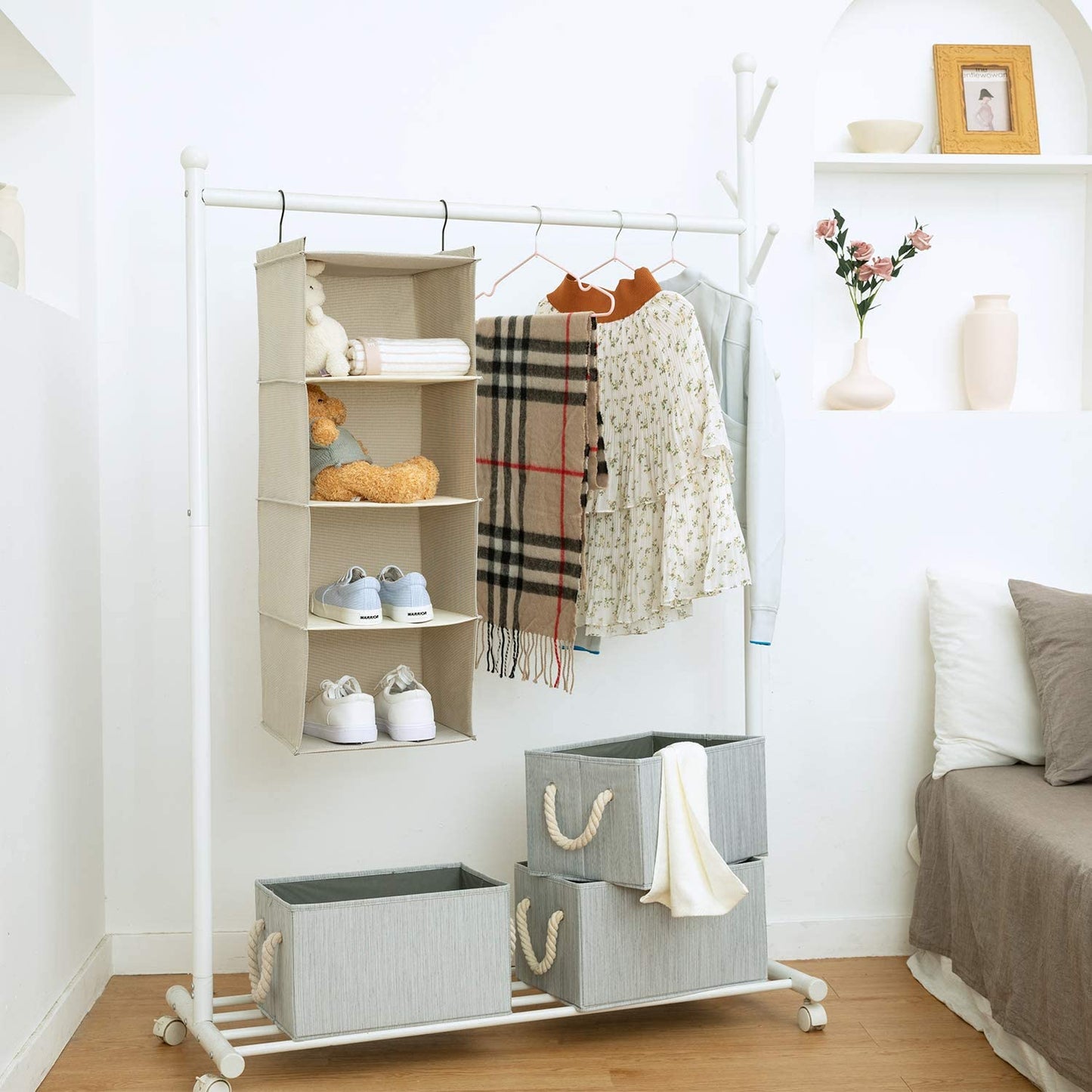 BrilliantJo Hanging Closet Organizer for Clothes Sweaters Advanced cloth 4 shelves Hanging Wardrobe Storage Shelves, Beige Check Washable(31.5 * 12 * 12 inch)