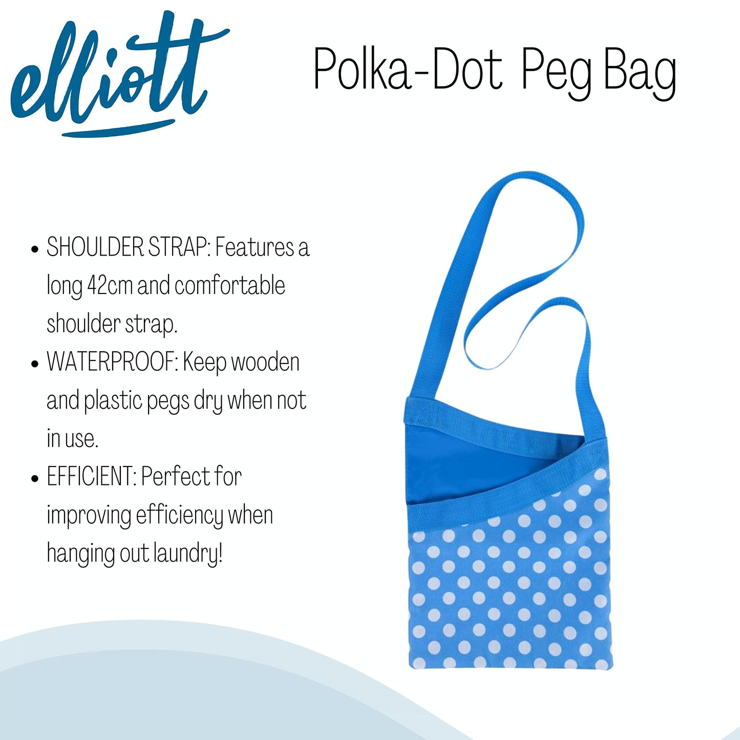 Elliott Peg Bag in Blue and White Polkadot Pattern with Shoulder Strap for ease of use, Will hold between 72 and 108 pegs, Strong durable water resistant Material