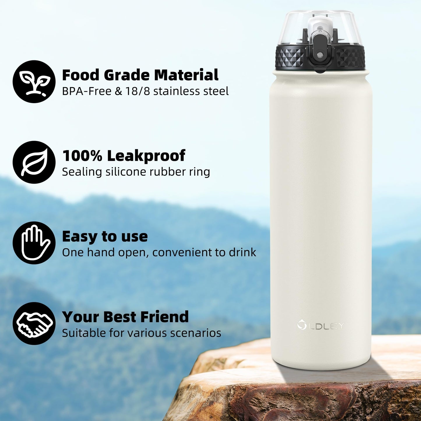 OLDLEY Stainless Steel Water Bottle with Straw 1L Vaccum Insulated Large Drink Flask Metal Water Bottles 1 Litre Leakproof Keep Drinks Hot Cold for Bike Camping Sports Gym Adult Women Men 1 Lid Cream