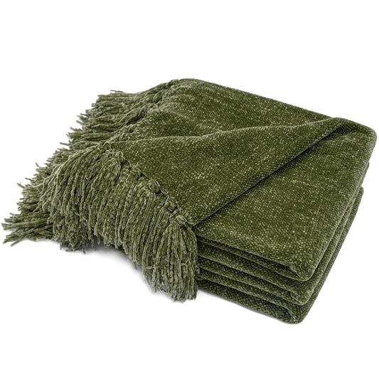 RECYCO Chenille Throw Blanket with Tassels Soft Cozy Sofa Chair Bed Gift, 203x152cm, Olive Green