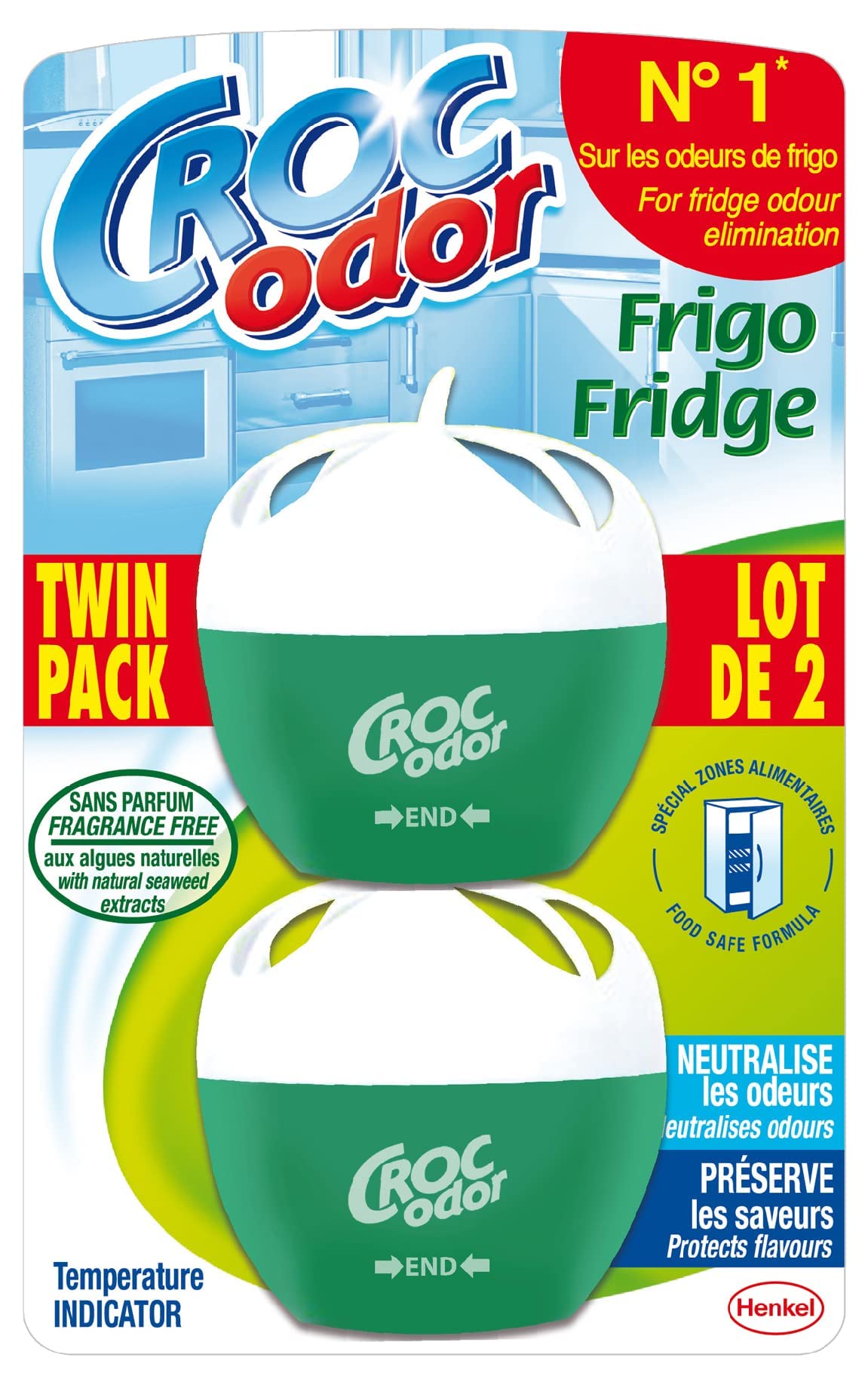 Croc'Odor Fridge Deodoriser, Twin Pack, Unscented, Food Safe Formular with Temperature Indicator - 2 x 33 g, Packaging may vary