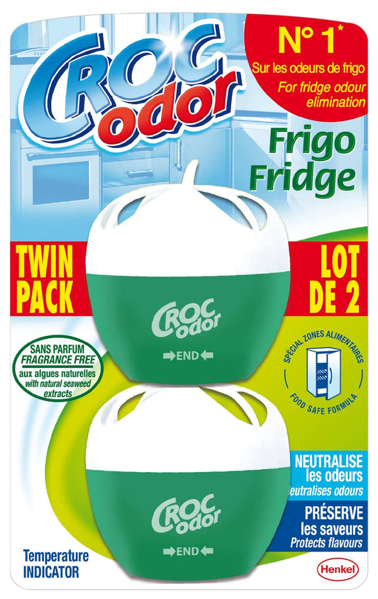 Croc'Odor Fridge Deodoriser, Twin Pack, Unscented, Food Safe Formular with Temperature Indicator - 2 x 33 g, Packaging may vary