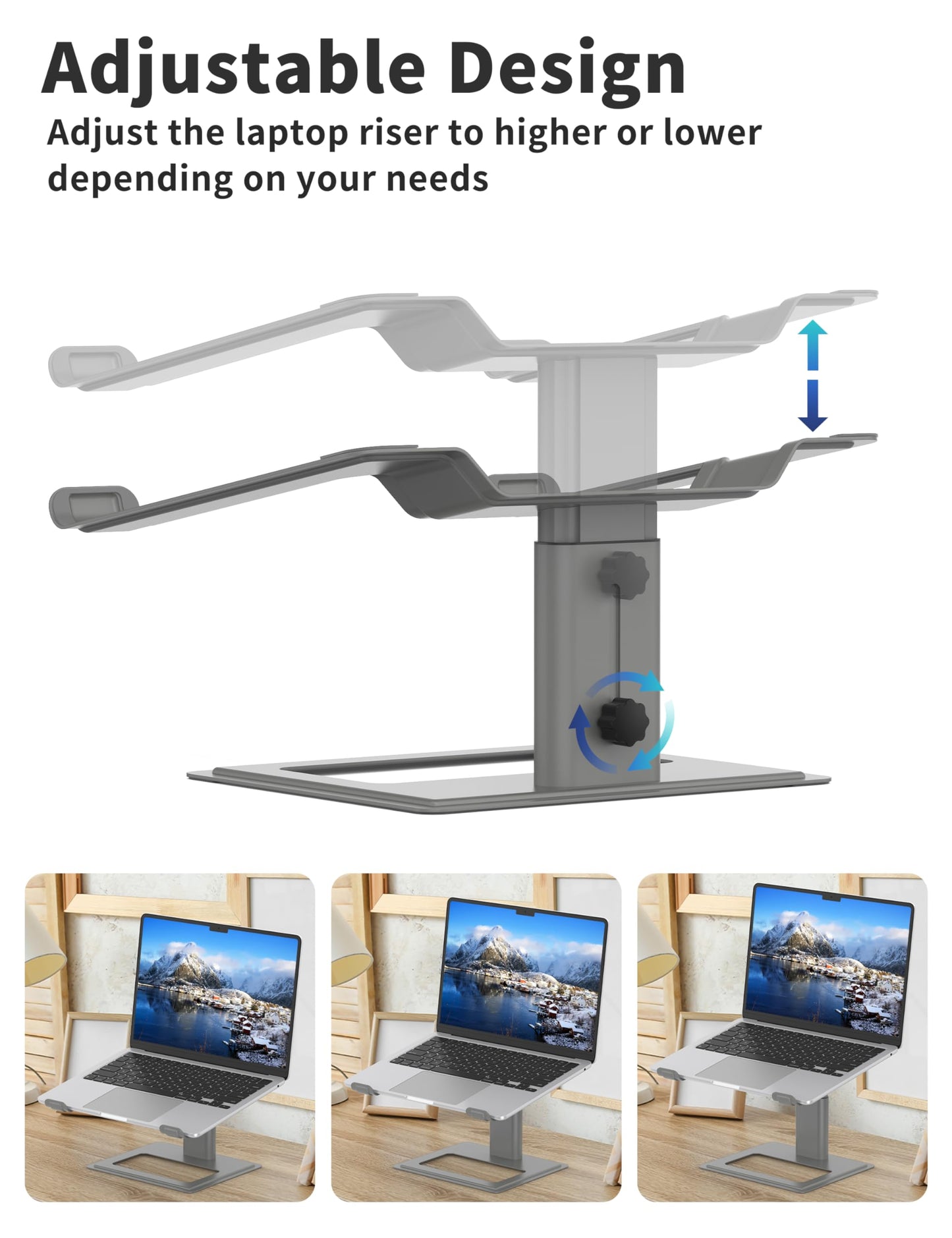 SOUNDANCE Adjustable Laptop Stand for Desk, Computer Stand, Ergonomic Laptop Riser Holder Compatible with 10 to 17.3 Inches Notebook PC Computer, Aluminum Grey