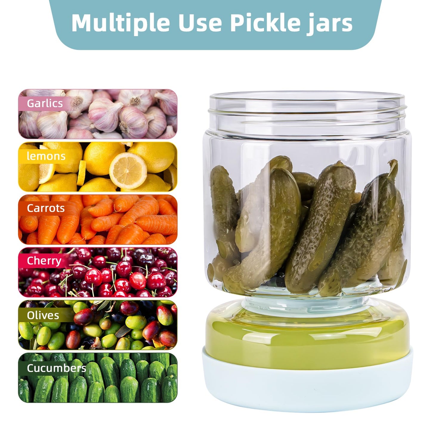 WhiteRhino Pickle Jar Glass with Strainer Hourglass,1500ML Flip Olive Container for Kitchen Storage,Upside Down Pickle Kimchi Jar,Leakproof Airtight Lids and Refrigerator Dishwasher Safe Large Pickle Jar / 1500ml