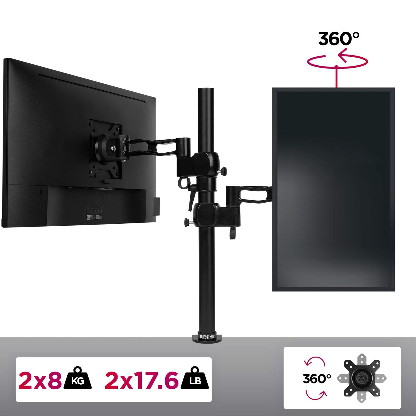 Duronic Dual Screen Monitor Stand DM35V2X2 | Double/Twin PC Desk Mount | Aluminium | For Two 13-27 Inch LED LCD Screens | VESA 75/100 | 8kg Per Screen | Tilt -15°/+15°,Swivel 180°,Rotate 360° DM35V2 Dual Vertical