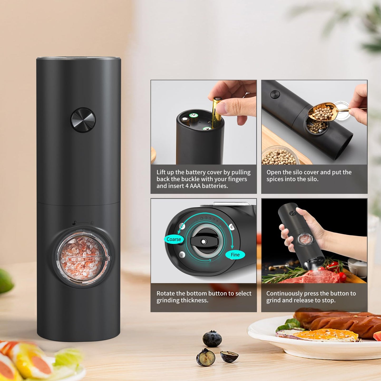 CIRCLE JOY Electric Salt and Pepper Grinder Set, Battery Operated Pepper Mill Grinder with Base, Adjustable Coarseness and Automatic Single Hand Operation Battery-powered Mill Set - Black