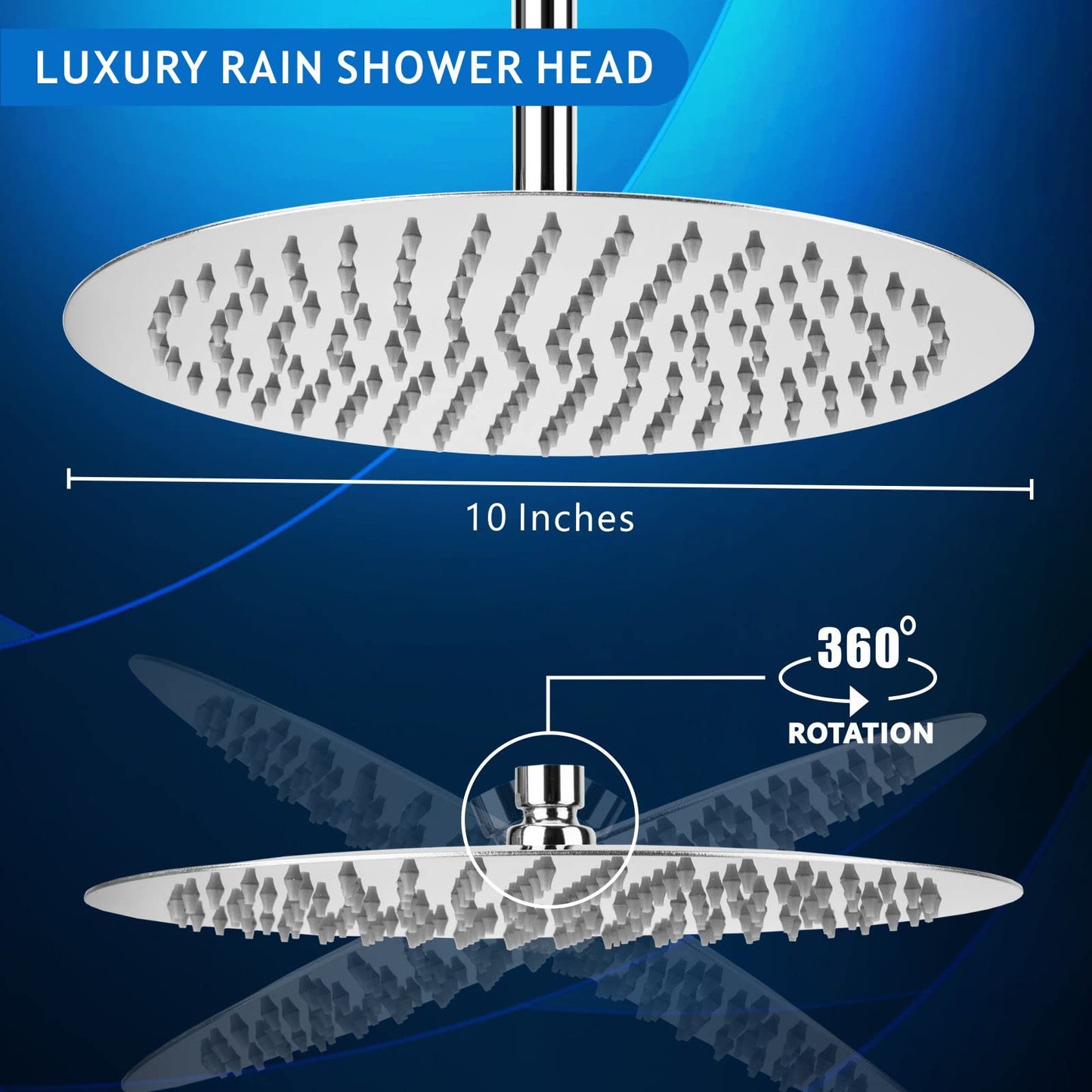 Rain Shower Head, Voolan 10" Round High Pressure Shower Heads, 304 Stainless Steel Luxury Modern Chrome Look, Universal Wall and Ceiling Mount 10 inch