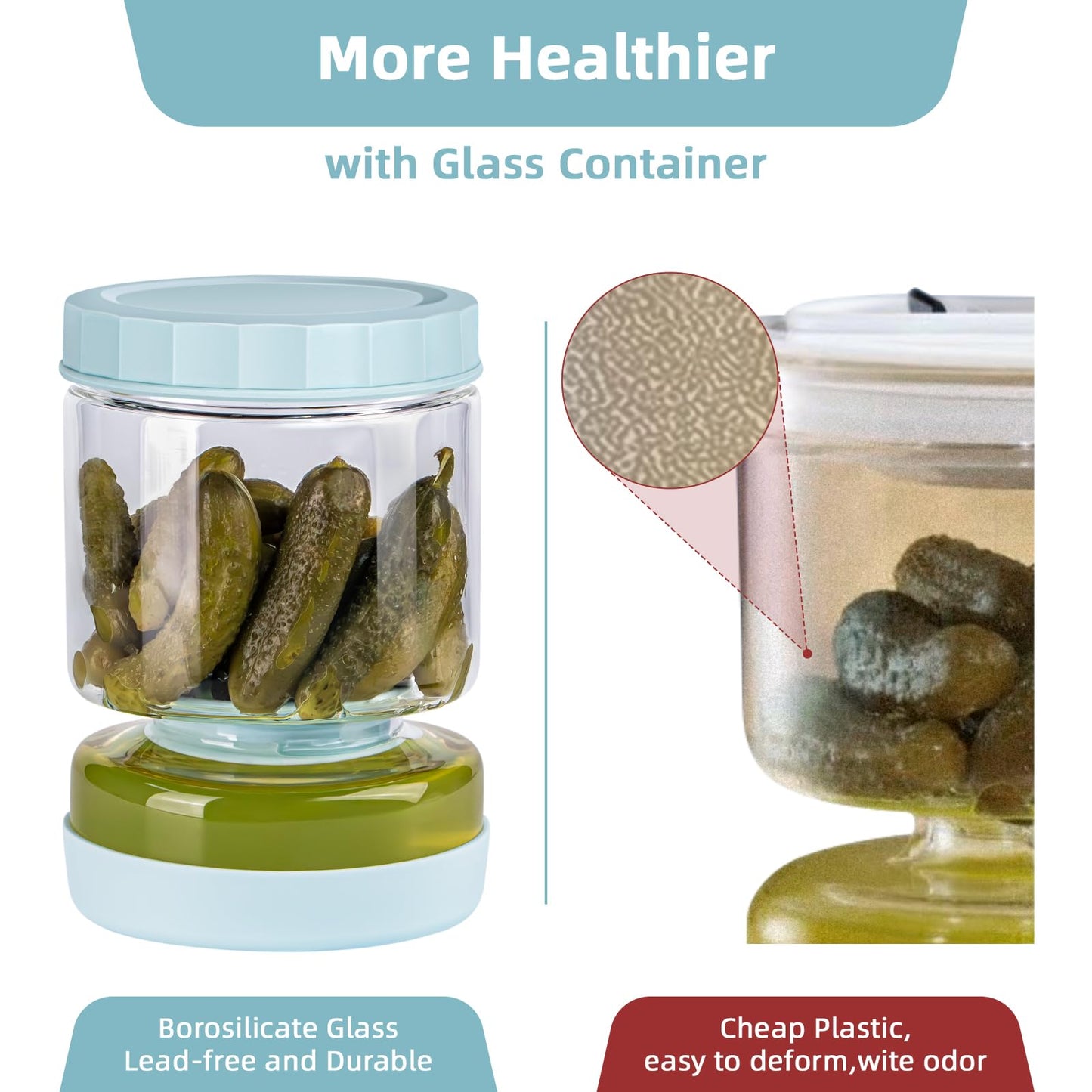 WhiteRhino Pickle Jar Glass with Strainer Hourglass,1500ML Flip Olive Container for Kitchen Storage,Upside Down Pickle Kimchi Jar,Leakproof Airtight Lids and Refrigerator Dishwasher Safe Large Pickle Jar / 1500ml