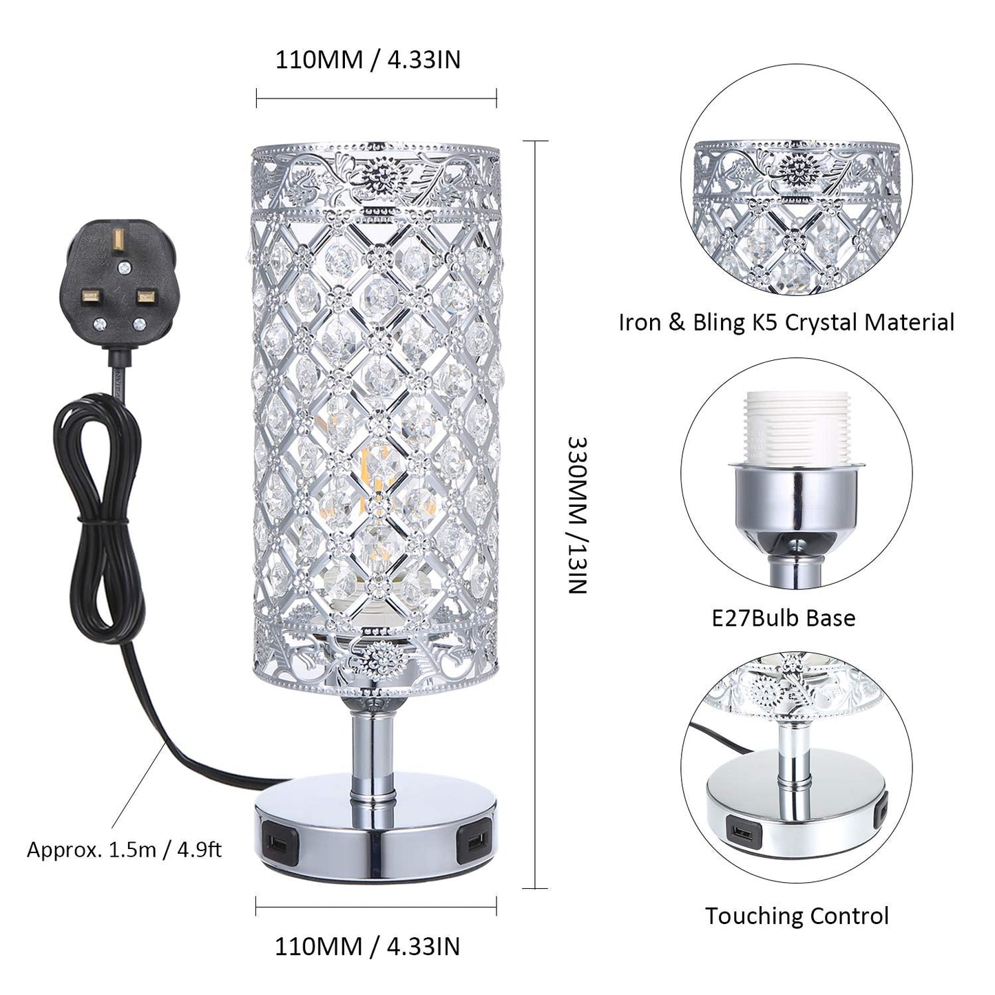 Tomshine Touch Control Crystal Bedside Lamp with Dual USB Port 3-Way Dimmable Table Lamp with E27 Glitter Lampshade for Bedrooms Living Room(LED Bulb Included) (Silver),LT132UK 1 Pack Silver