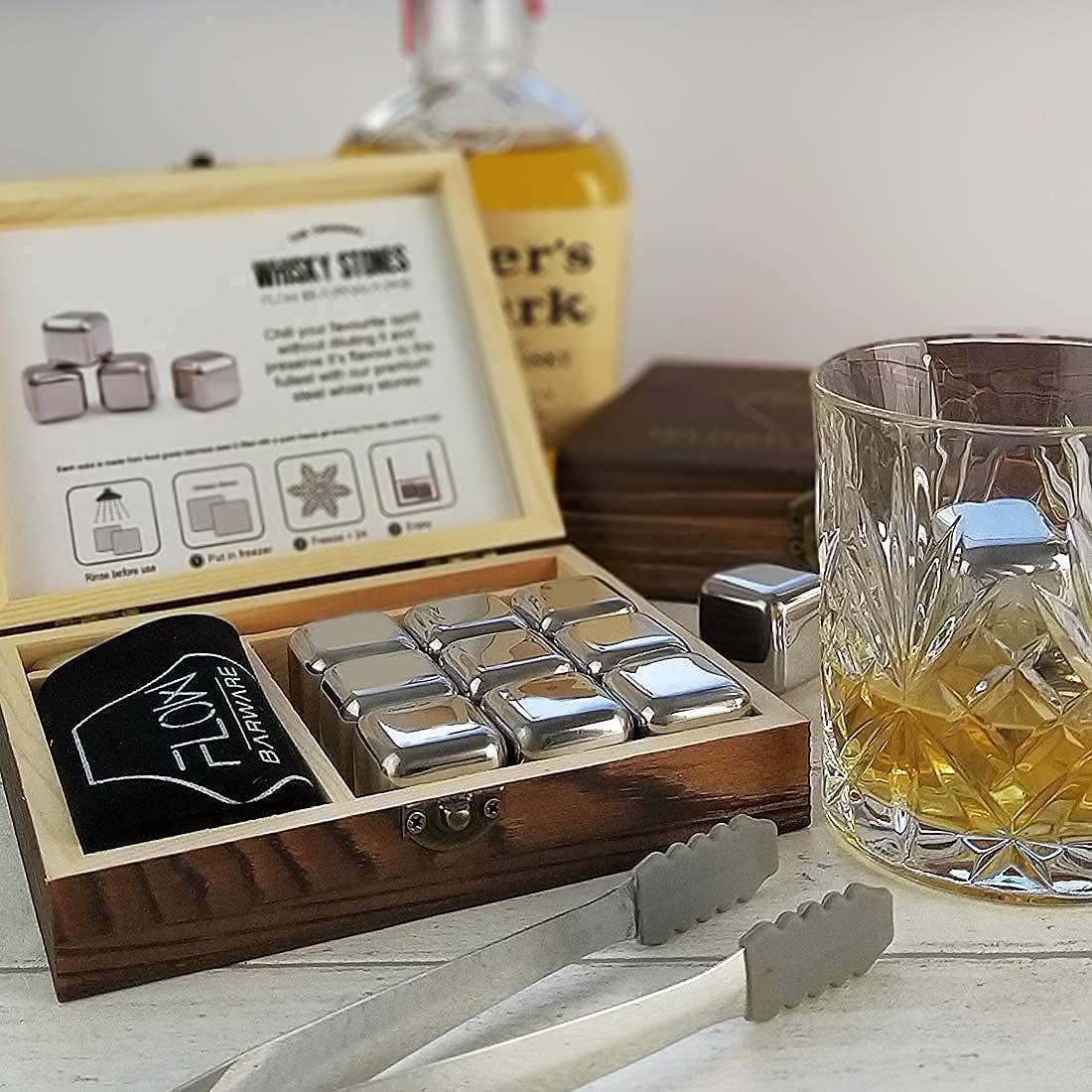 FLOW Barware Whisky Stones Gift Set | 9 Stainless Steel Whisky Stones | Whiskey Stone Gift for Dad | Whiskey Stone Gift Set with Wooden Box | Whiskey Stone with Storage Pouch | Silver