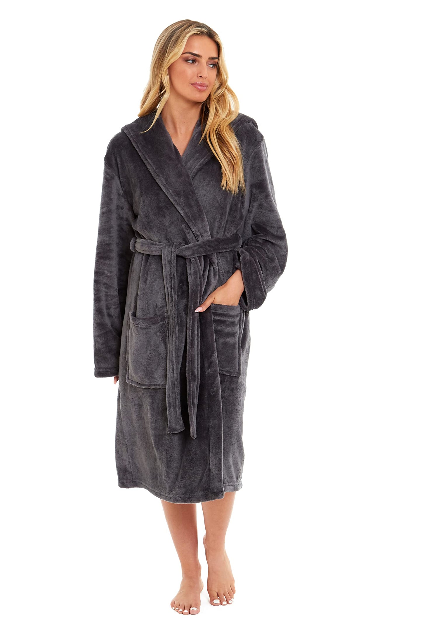 Daisy Dreamer Ladies Dressing Gown Soft Plush Bath Robe for Women Housecoat Loungewear Bathrobe Soft Shimmer Fleece Gowns Charcoal XL