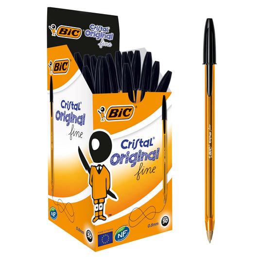 BIC Cristal Original, Ballpoint Pens, Every-Day Biro Pens with Fine Point (0.8 mm), Ideal for School and Office, Black, Pack of 50 50 Count (Pack of 1) Single