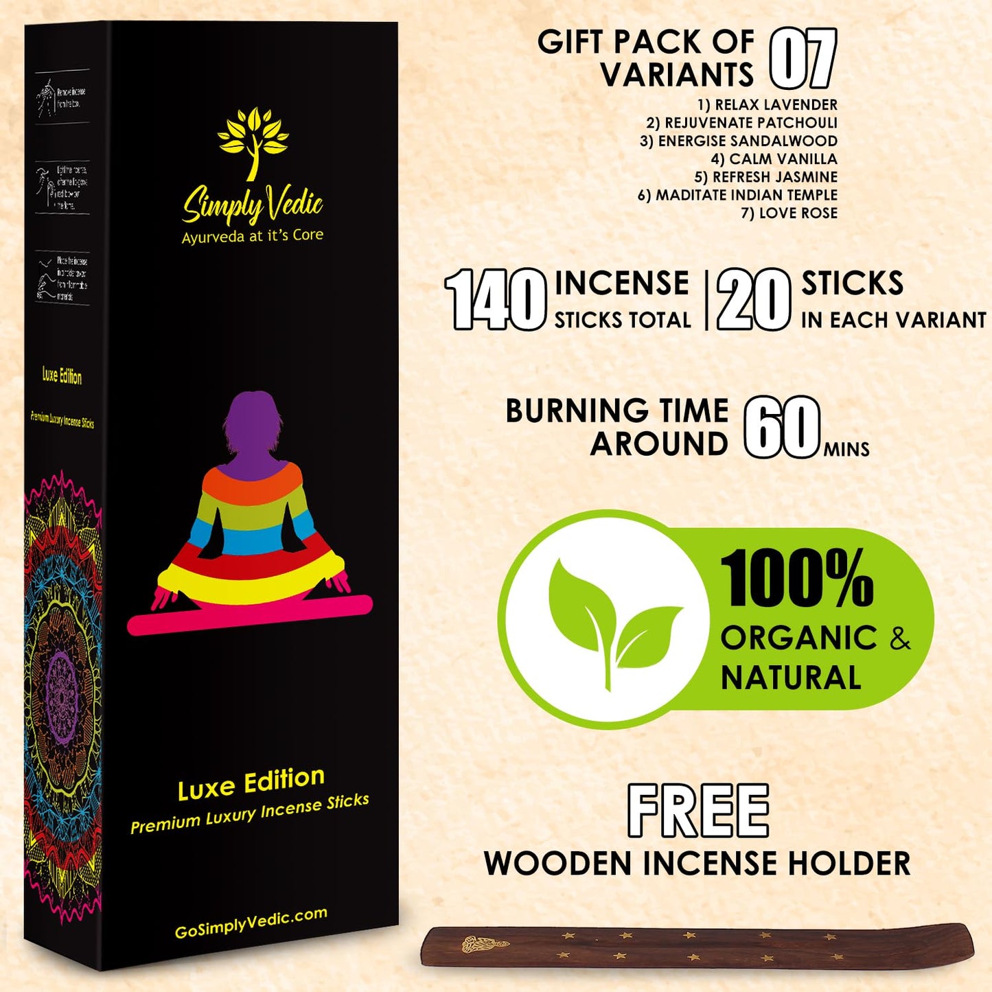 Simply Vedic Premium Luxe Series Incense Sticks | 7 Incenses (140 Sticks) - Lavender, Sandalwood, Jasmine, Patchouli, Rose, Vanilla and Indian Temple | with Incense Holder | Gift Set for Men & Women