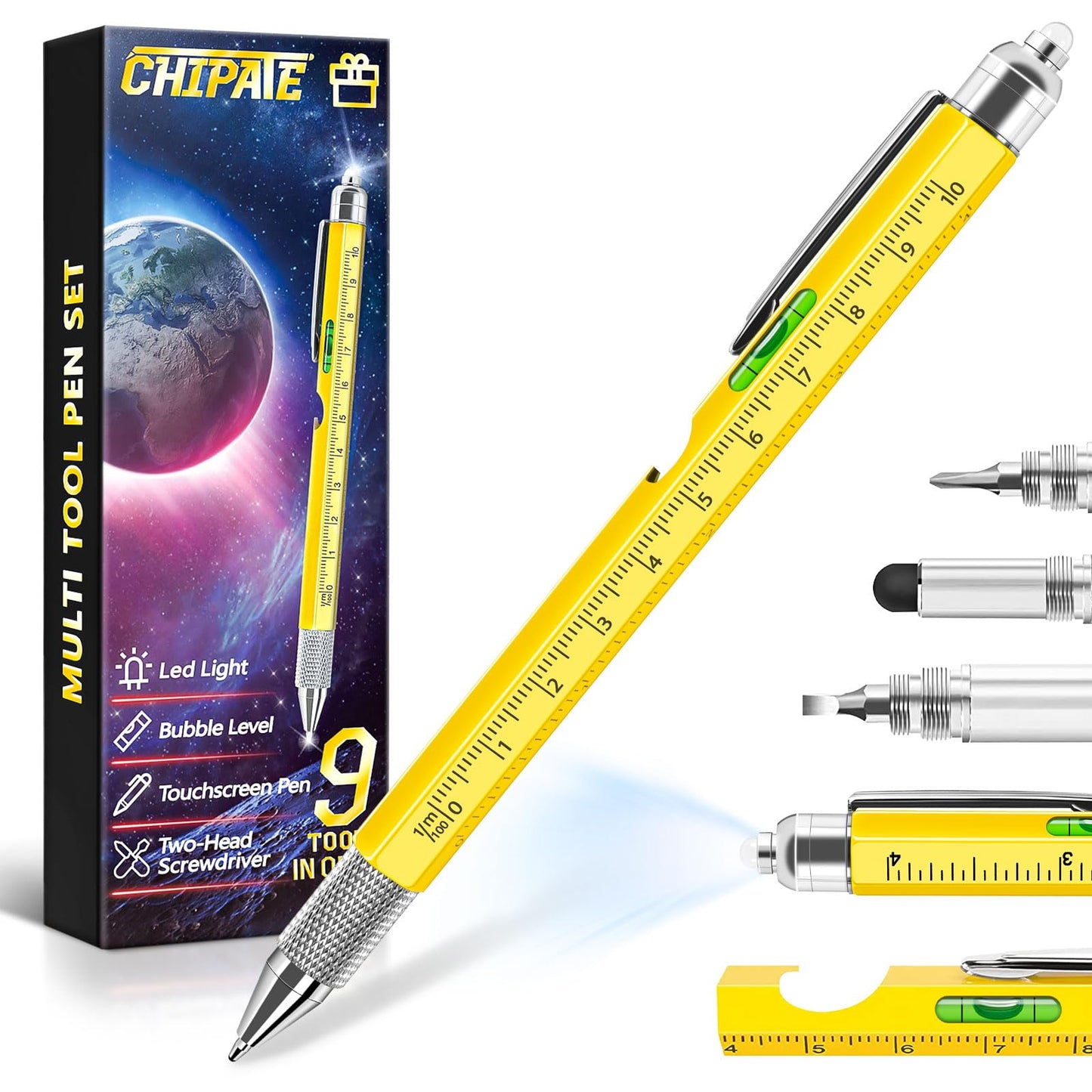 Chipate Gifts for Men, 9 in 1 Multi Tool Pen Mens Gifts, Father's Day Gifts, Gadgets for Men, Dad Gifts,Birthday Gifts for Him,Fathers Day Dad Gifts from Daughter/Son,Gifts for Men Who Have Everything Yellow