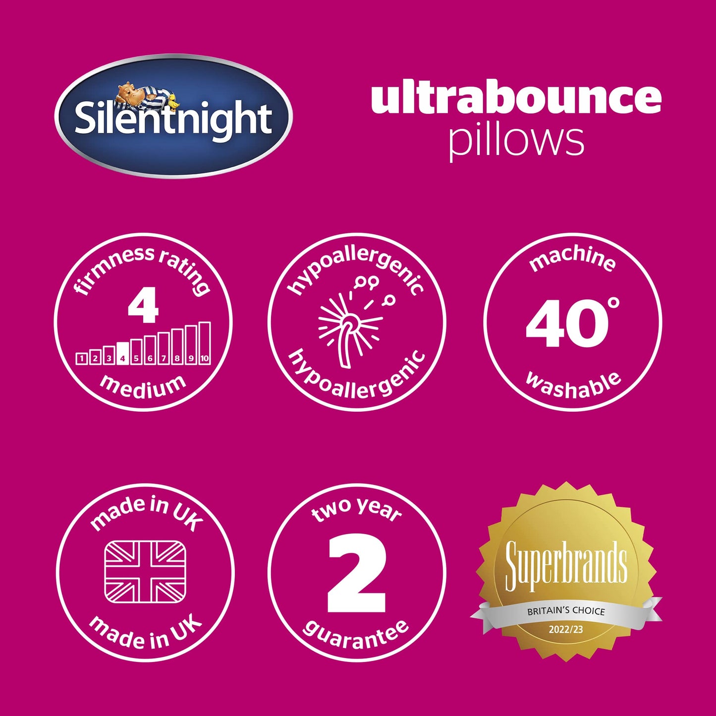 Silentnight Ultrabounce Pillows Pack of 4 – Medium Support Soft Bouncy Hotel Bed Pillows 4 Pack – Hypoallergenic Machine Washable, White