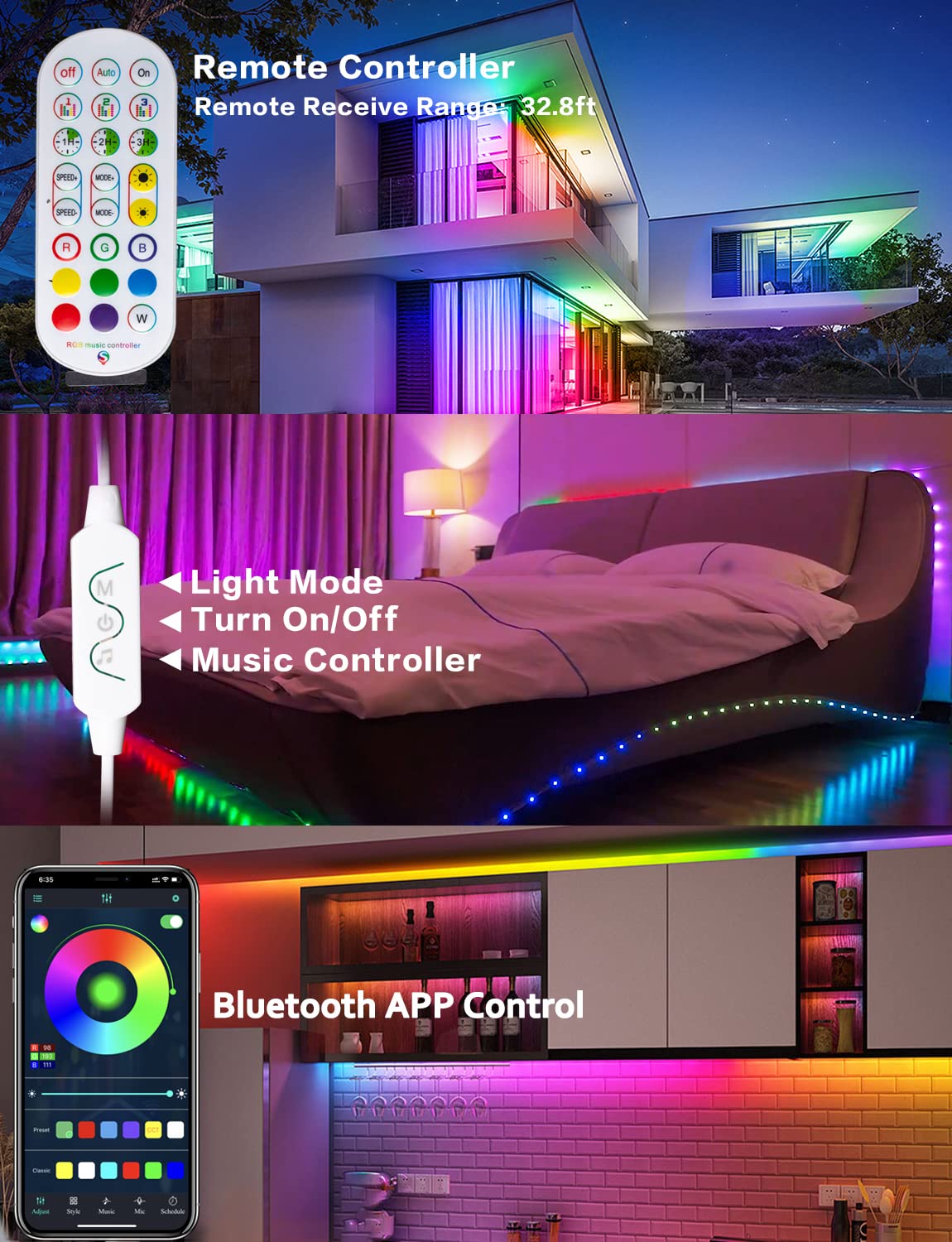 Daymeet LED Strip Lights, Chasing Effect 10M RGB Dream Color USB Led Strip Lights Color Changing Lights Bluetooth Music Sync with Remote App Control Non-Waterproof Rainbow Led Light Strip for Bedroom