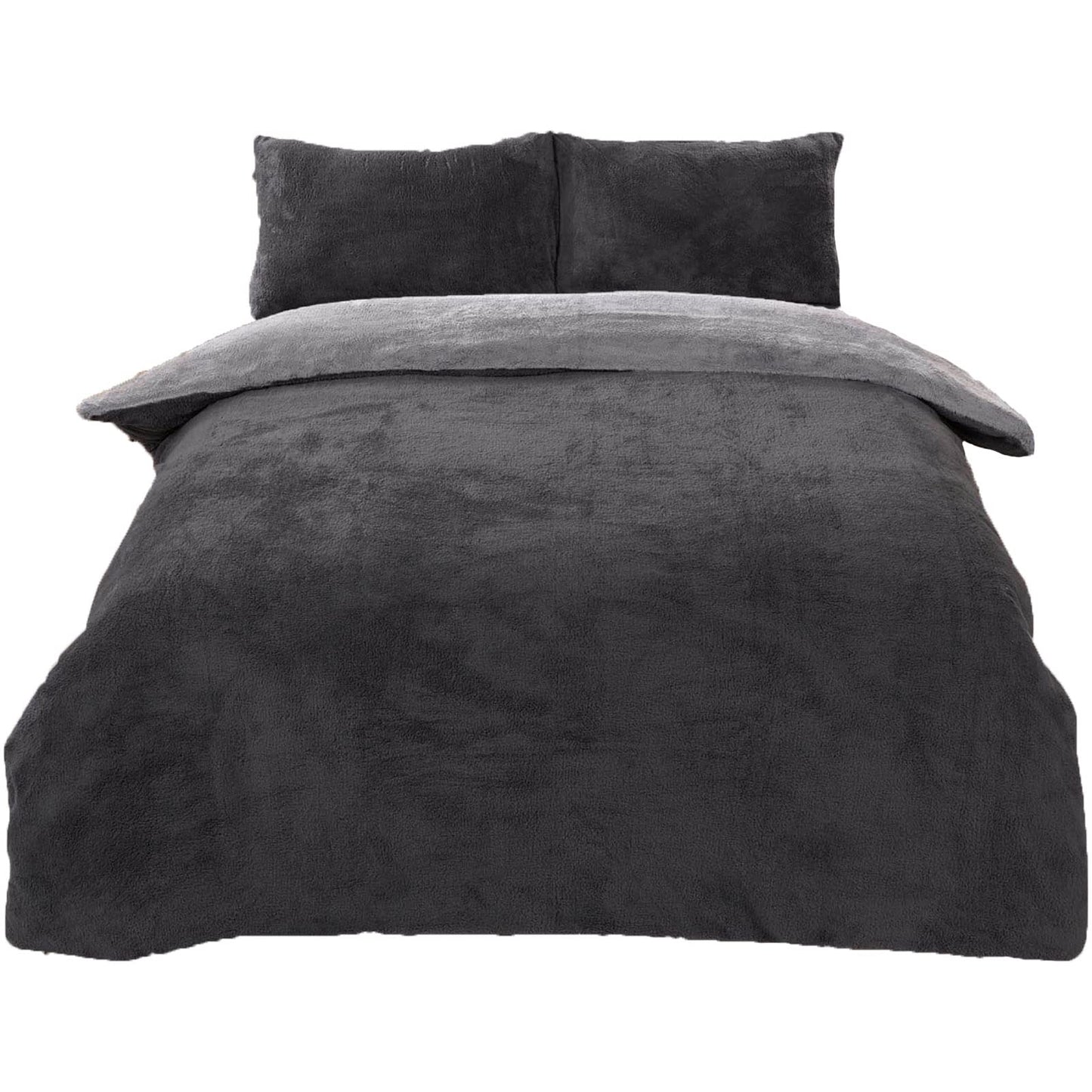 Brentfords Reversible Teddy Fleece Duvet Cover with Pillow Case Supersoft Fluffy Thermal Warm Soft Sherpa Bear Bedding Set, Charcoal Silver Grey - Double