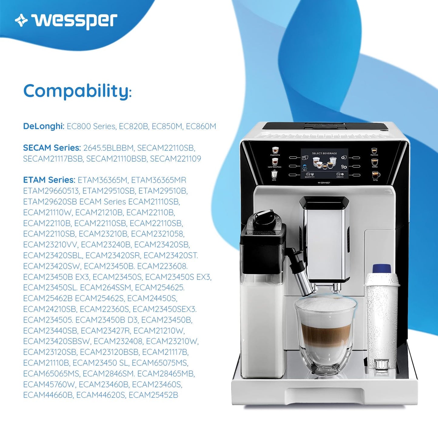 Wessper Coffee Machine Filter Replacement for DeLonghi DLSC002, DeLonghi Water Filter Cartridges Activated Carbon Softener, Compatible with De'Longhi ECAM, Esam, ETAM, BCO, EC. (6-Pack) 6