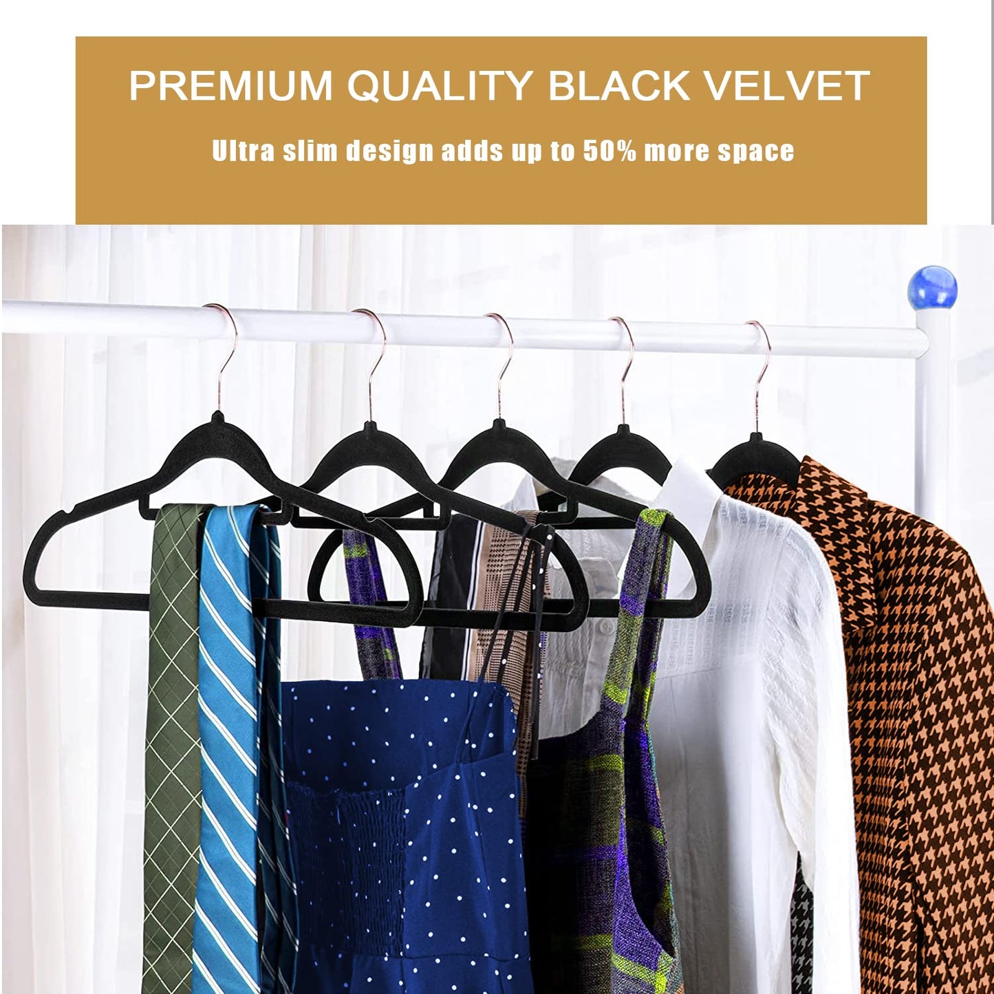 GVTECH Premium Velvet Hangers, [50 Pack] Non Slip and Heavy Duty Velvet Suit Hangers (45cm) with Tie Bar, 360° Swivel Hooks, Sturdy to hold Jumper, Pullovers, Jackets & Hoodies (Black) Black 50 Pack