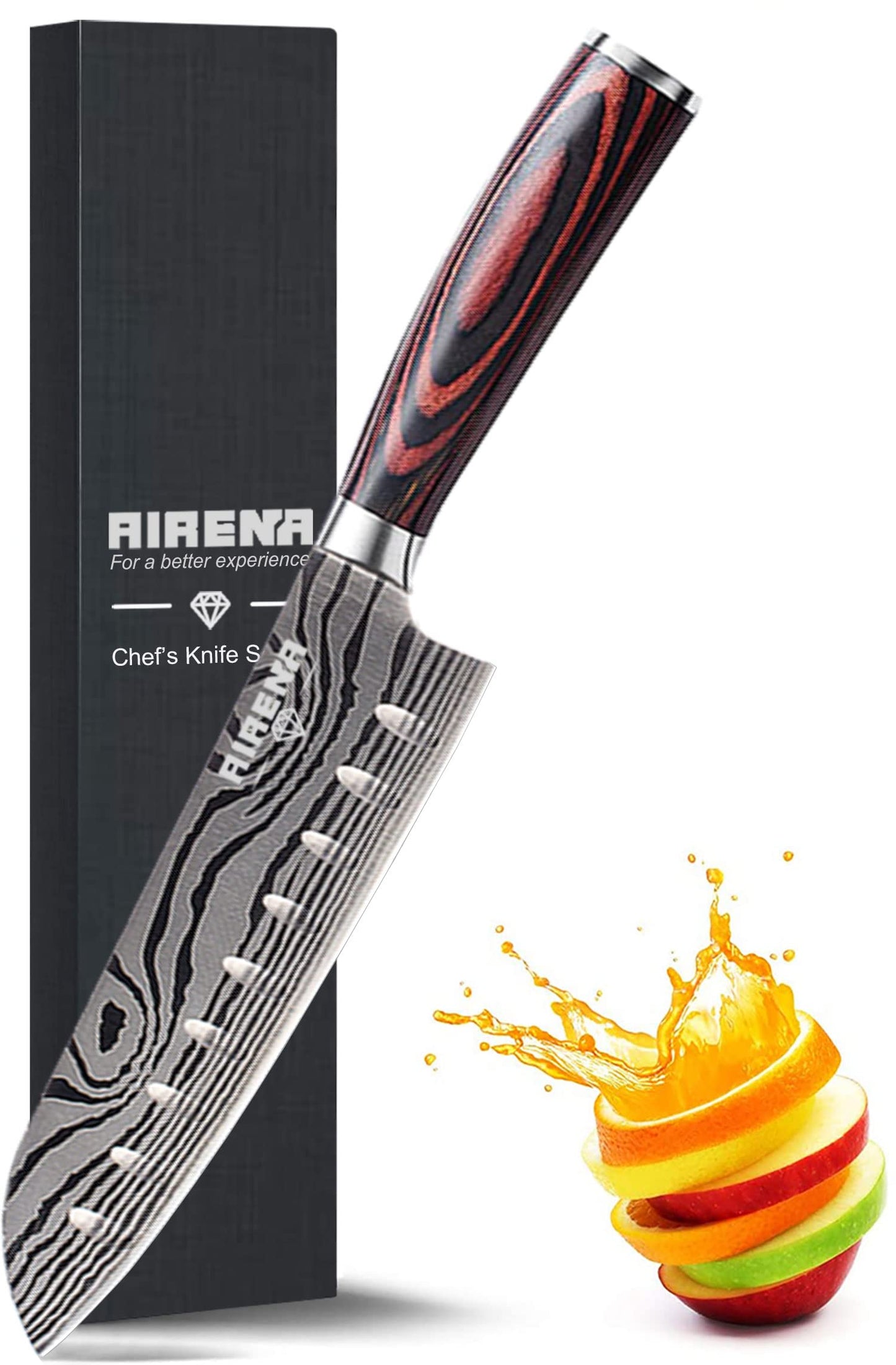 AIRENA Japanese Santoku Knife, 7" Professional Kitchen Knives - German Carbon Stainless Steel - Razor Sharp - Stain & Corrosion Resistant - Ergonomic Handle, Best for Home Kitchen and Restaurant Kn1002 D2 7" Santoku