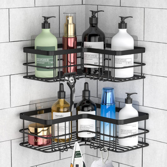 Yazoni Corner Shower Caddy, Adhesive Shower Shelves No Drilling [2-Pack], Rustproof Stainless Steel Bathroom Shower Organizer Wall Mounted with 8 Hooks (Black) 2-Pack Black