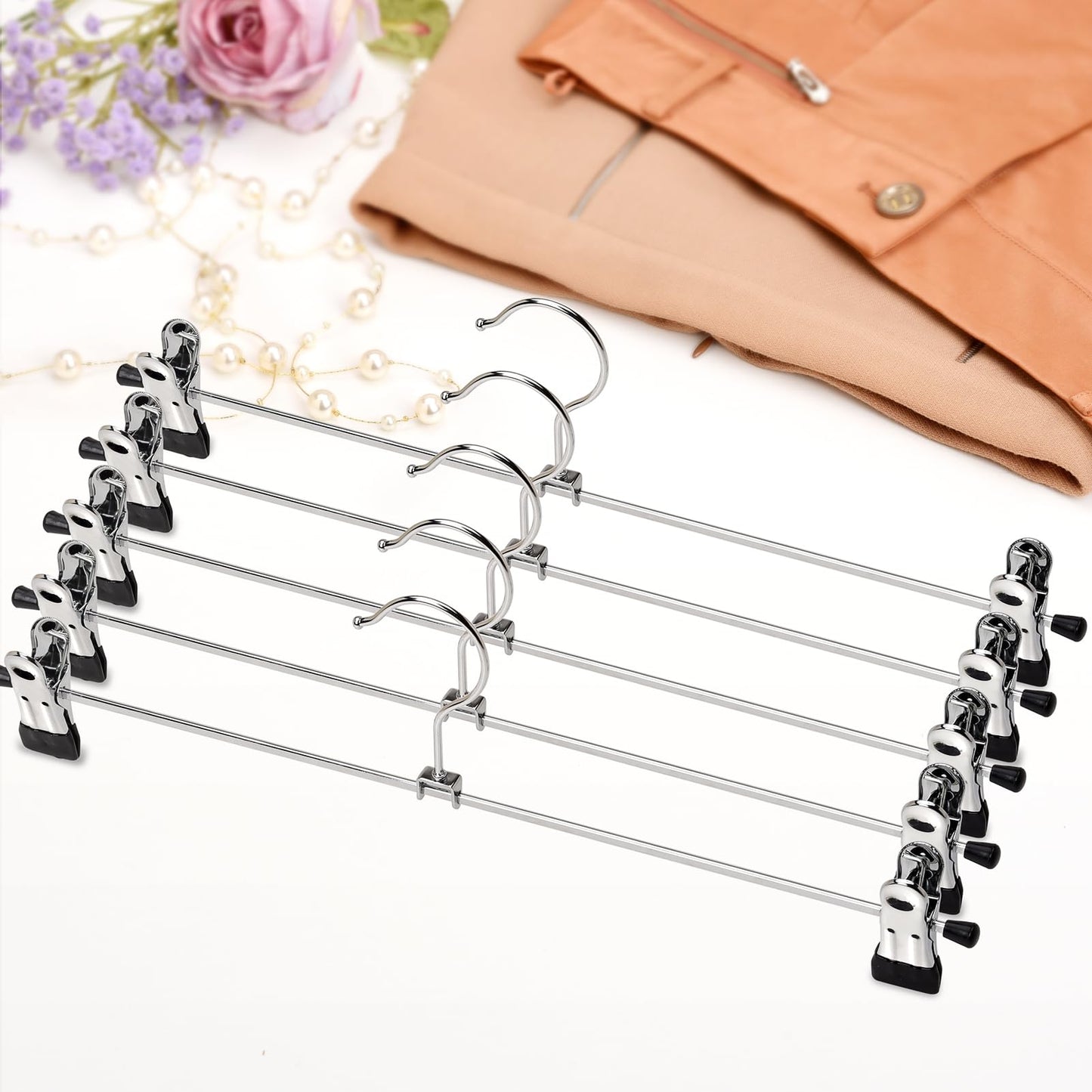 Amber Home 40cm Extra Long Chrome Metal Trousers Hangers 20pcs, Extended Silver Metal Skirt Hanger for Slacks Pants Jeans Bottoms with Non-slip Adjustable Clips 40CM 20PCS